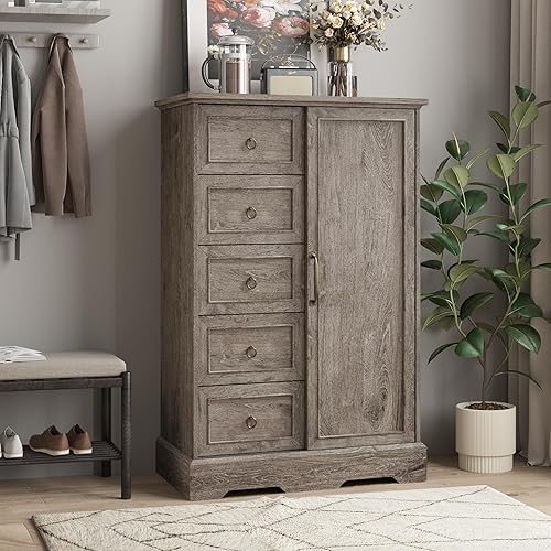 Vabches 5 Drawers Dresser for Bedroom with Sliding Barn Door, 48" Tall Farmhouse Modern Chest of Drawers, Wood Organizer Dresser for Bedroom, Hallway, Living Room, Rustic Washed Grey