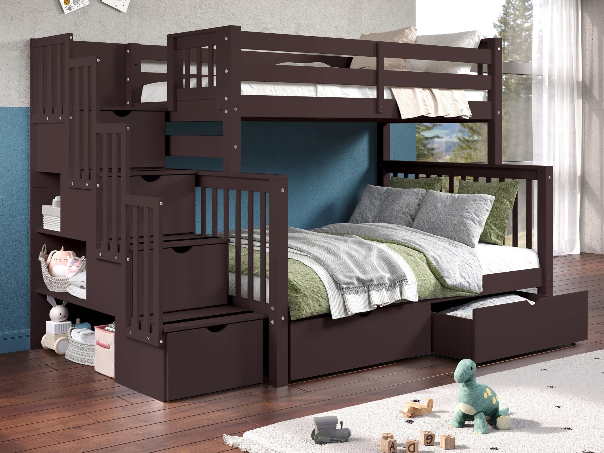 Bedz King Stairway Bunk Beds Twin over Full with 4 Drawers in the Steps and 2 Under Bed Drawers, Dark Cherry