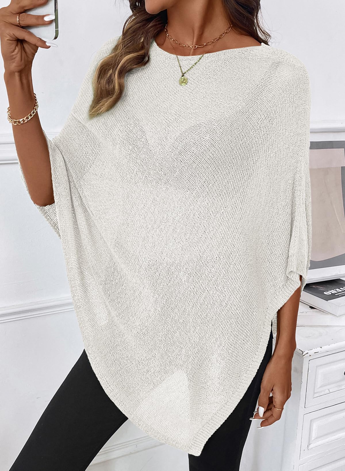 SHEWIN Womens Sheer Knit Poncho Crochet Summer Tops See Through Mesh Spring Sweaters Beach Cover Ups for Women 2026 — view 2