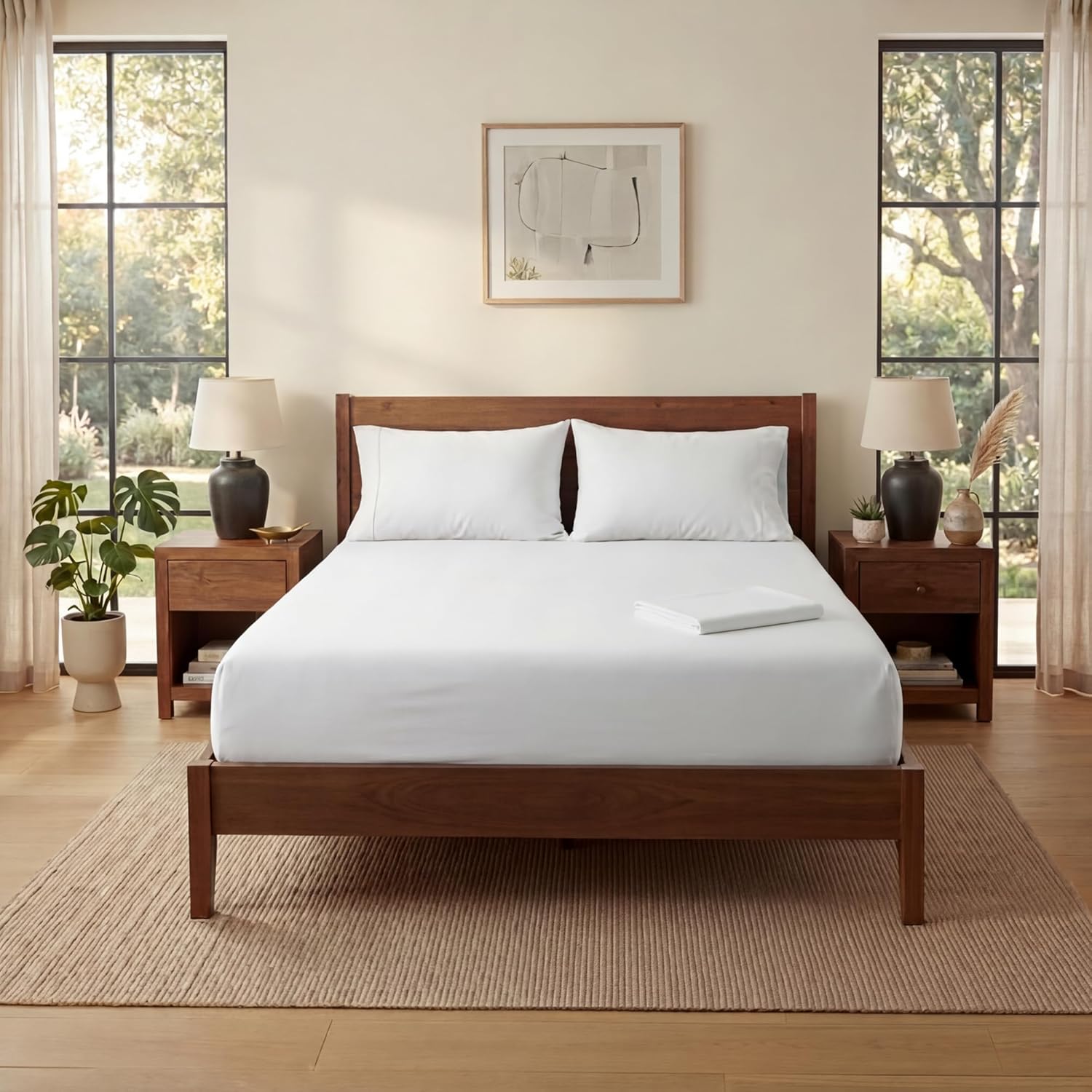 King Size Sheets Set, 4-Piece Premium Egyptian Long-Staple 100% Cotton Bedding Set, Single-Ply Luxury Sateen Weave Hotel Quality Sheets, Soft & Breathable, 15” Deep Pockets, White