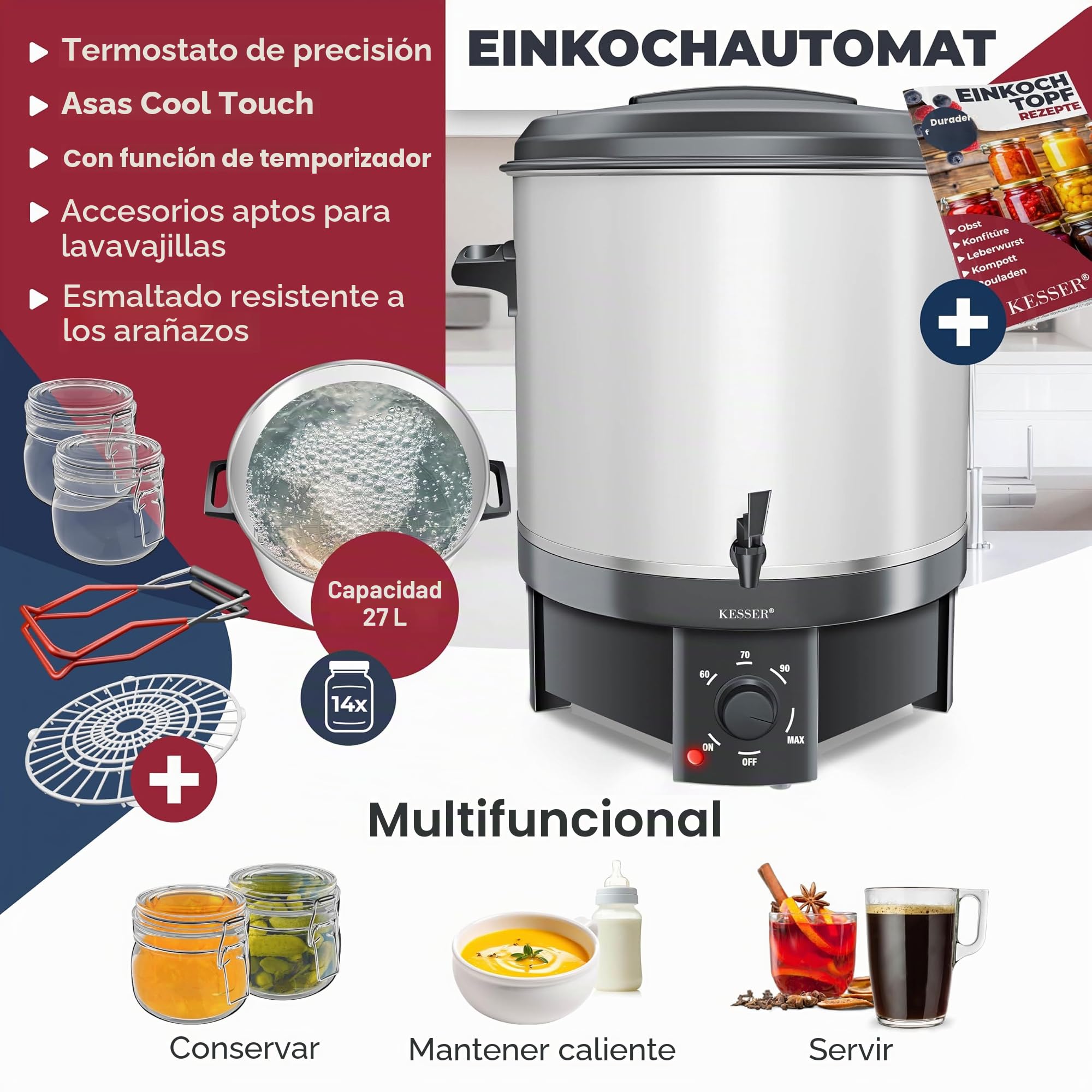 KESSER® Dispensador de Conservas de 27 Litros, 1800W, Acero Inoxidable, Automático