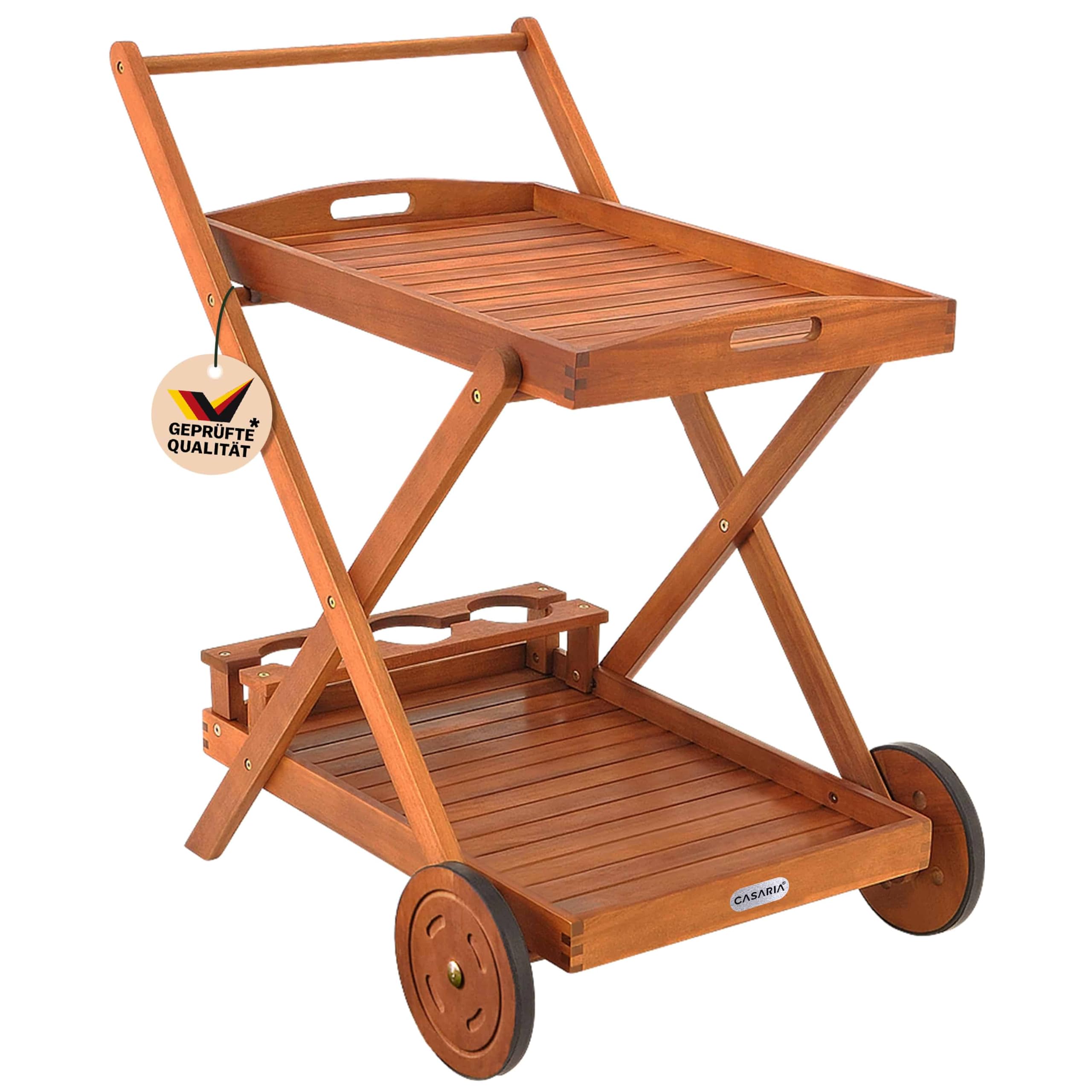 Casaria® Servierwagen mit Rollen Holz FSC®- Zertifiziert Akazie 2 Etagen Tablett 3 Flaschenhalter Outdoor Küche Garten Terrasse Küchenwagen Rollwagen