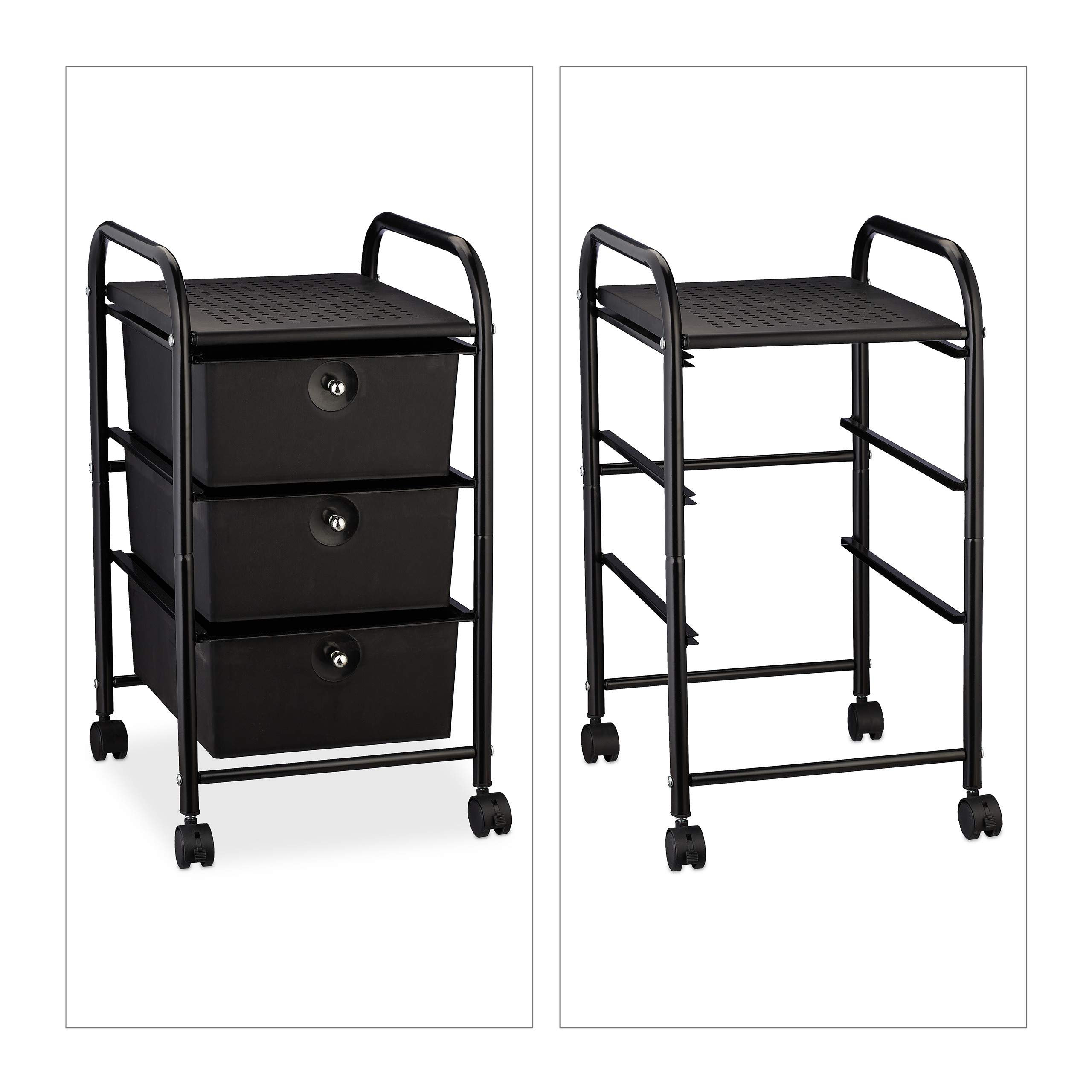 Relaxdays Carrellino Salvaspazio con 3 Cassetti, Metallo & Plastica, Carrello Porta Trucchi da Bagno, Multiuso, in Nero