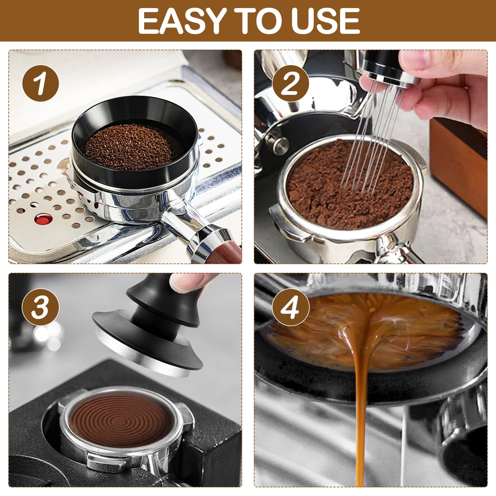 Set di 6 tamper per caffè, in acciaio inox da 51 mm, per macchine portafiltro, accessori barista con anello dosatore, distributore di caffè, tappetino antiscivolo e base per tamper