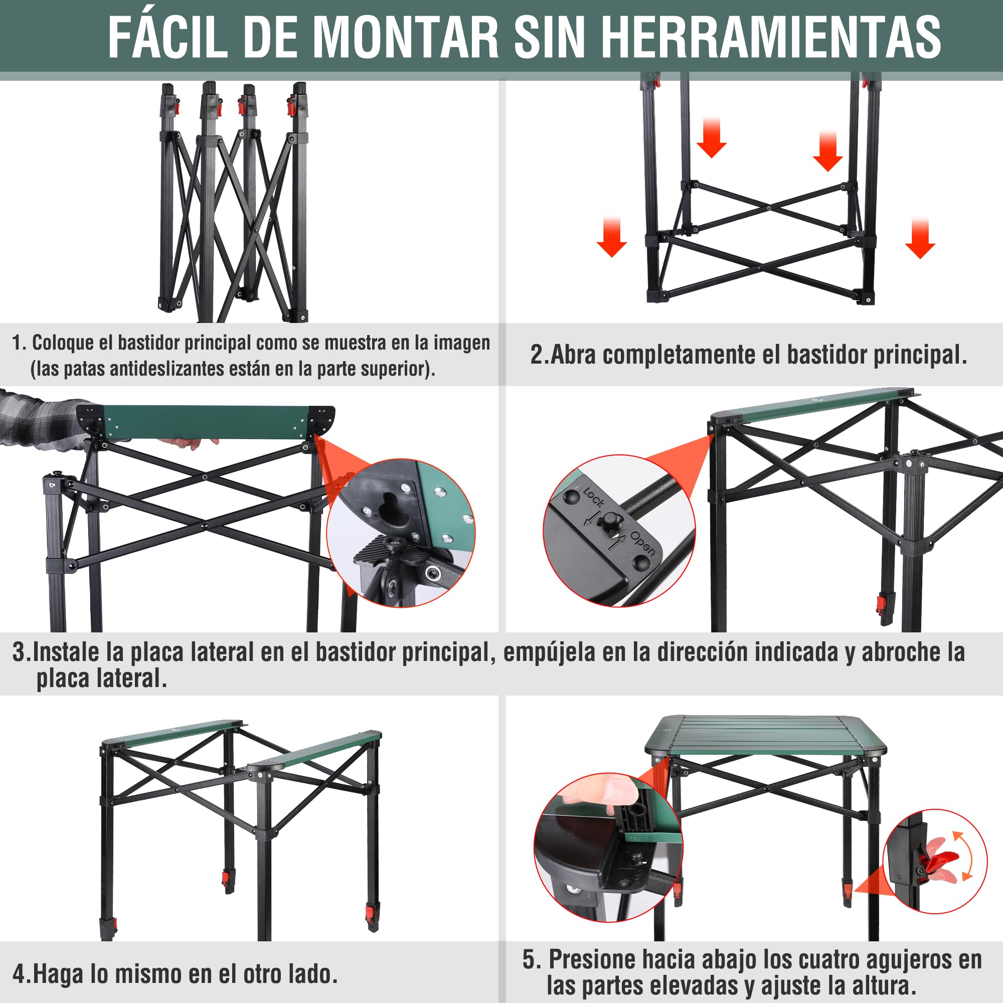 VILLEY Mesa Plegable con Bolsa de Transporte, Mesa Plegable Portátil de Aluminio, Mesa de Camping de Altura Ajustable, Mesa de Acampada para Picnic, Pesca, Camping, Playa y Extrior, 70 * 70 * 78cm