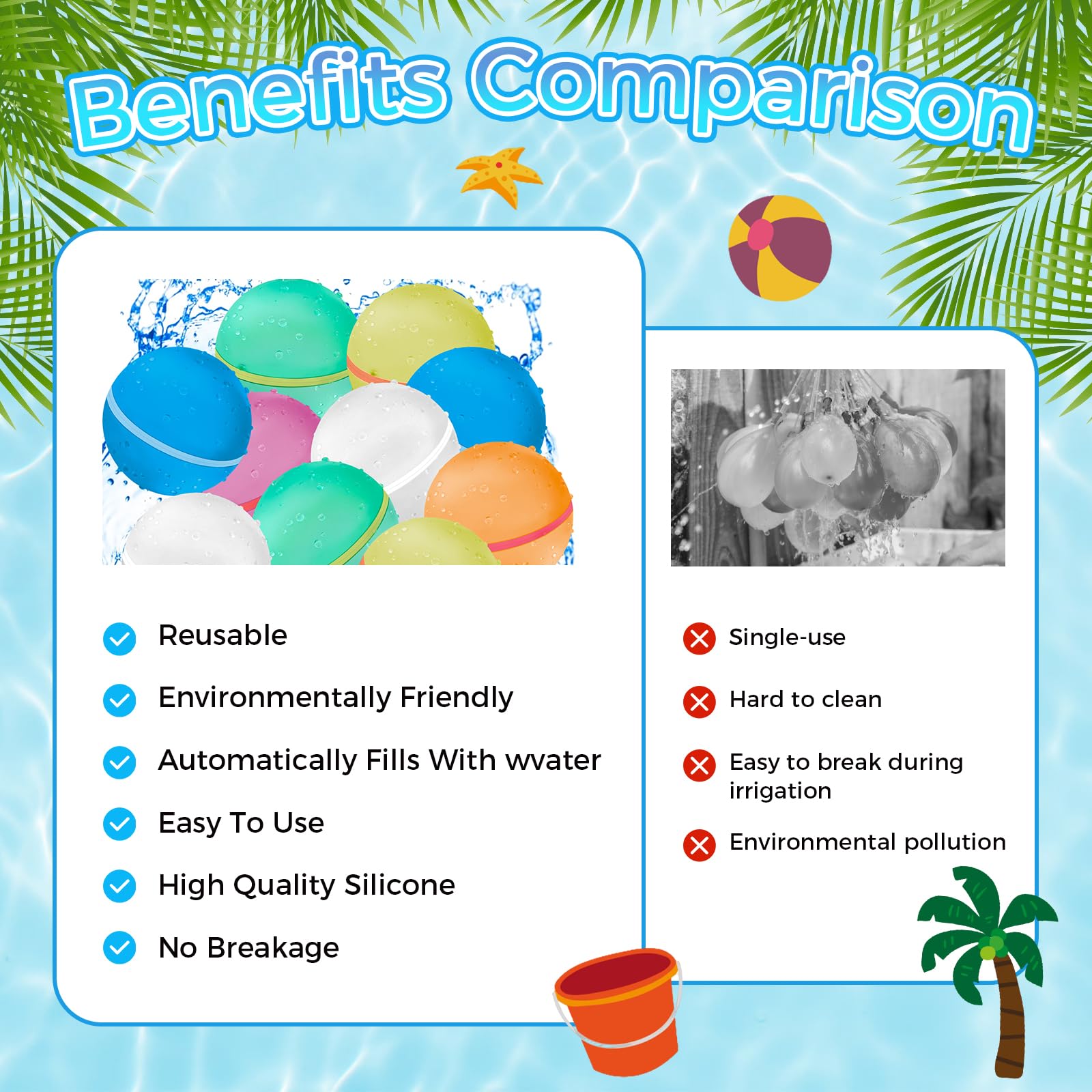 Palloncini da Acqua Riutilizzabili, 12 Pezzi palloncini d'acqua a riempimento rapido, palline magnetiche splash a chiusura automatica, per bambini, adulti, spiaggia, giochi d'acqua in spiaggia per