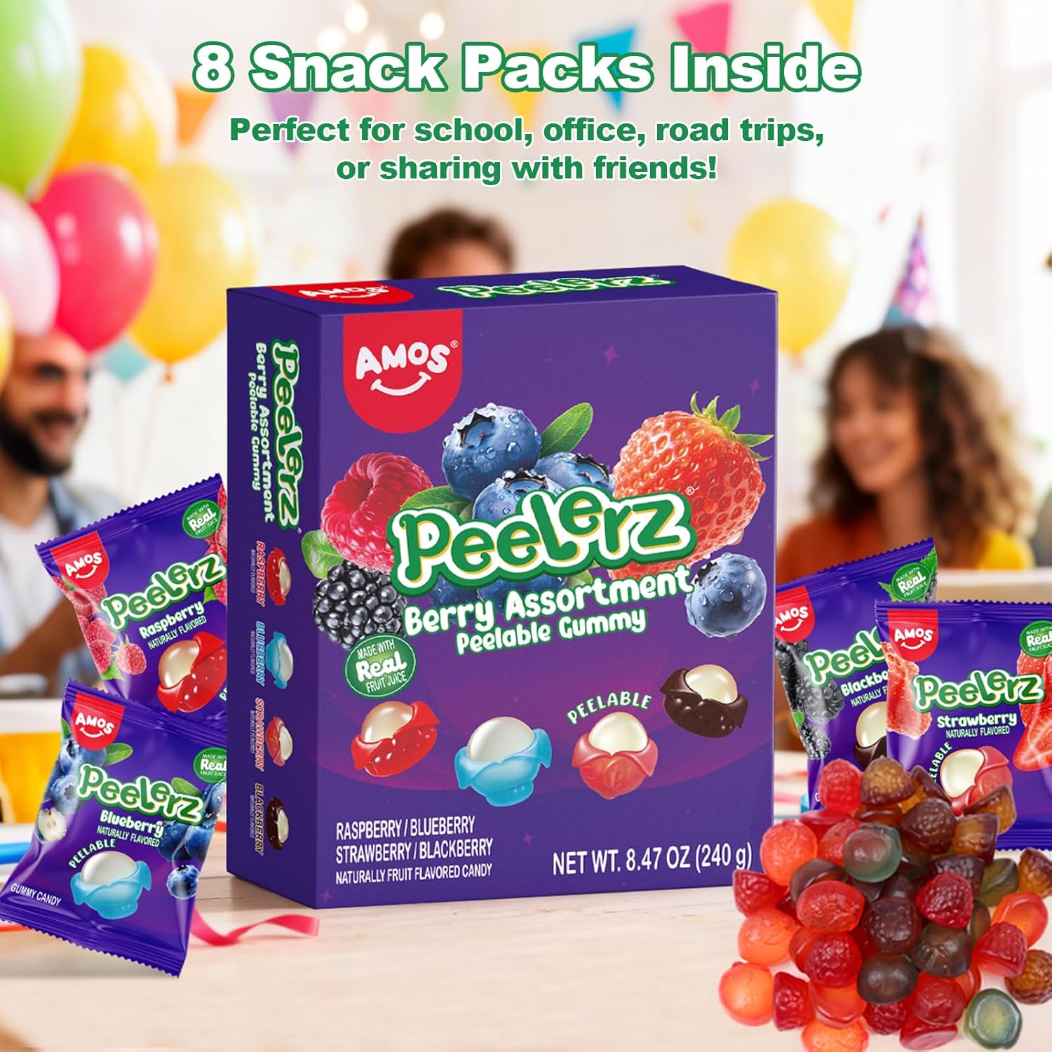 AMOS Peelerz Peelable Gummy Candy 2-Pack Bundle, Exotic Tropical Fruit & Mixed Berry Flavors, Real Fruit Juice Snacks, No Artificial Dyes, Non GMO, Gluten Free