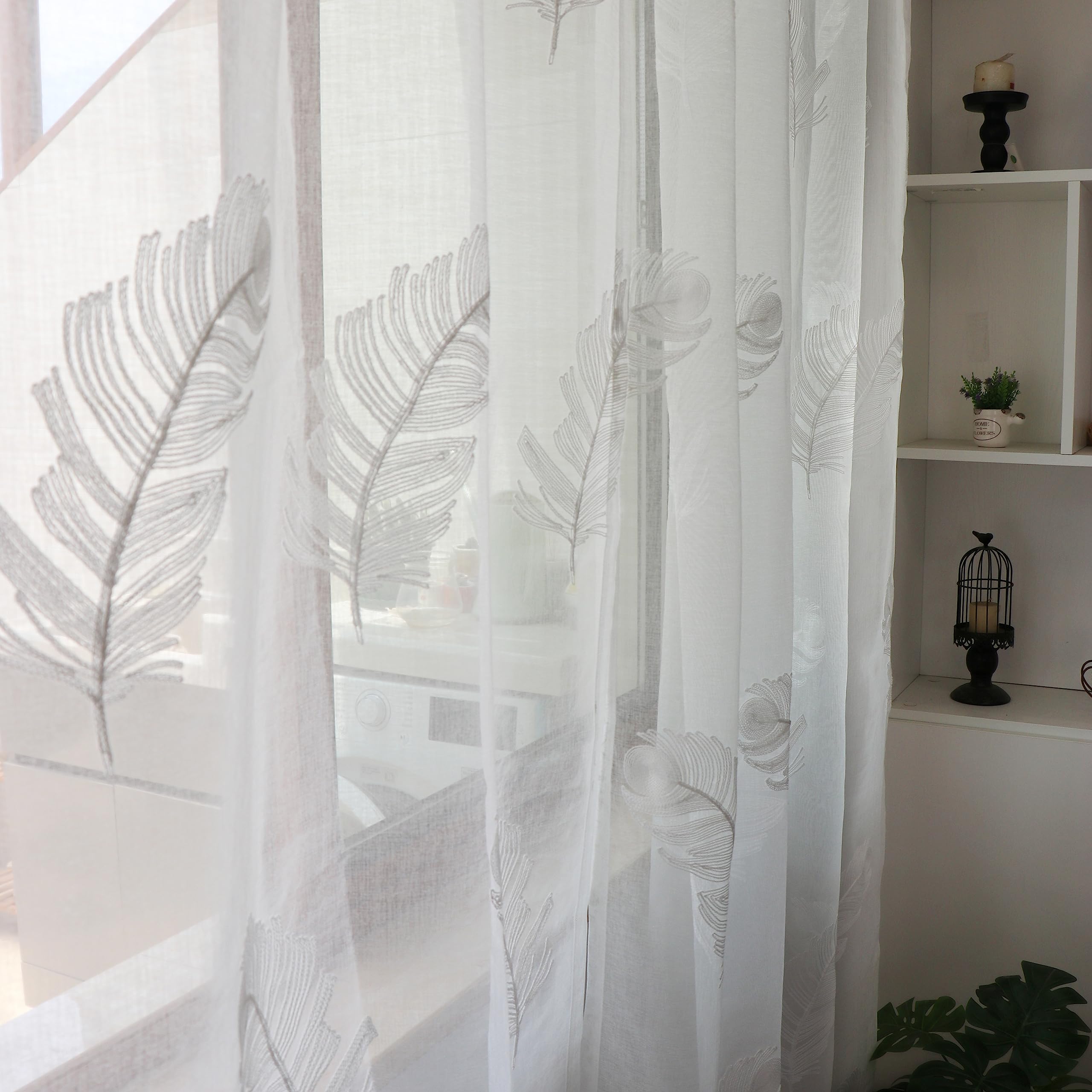 SLOW SOUL Set of 2 Panels White Feathers Sheer Curtains Floral Faux Linen Semi Sheer Embroidered Curtains & Drapes for Bedroom Living Room Rod Pocket 52W X 72L inch