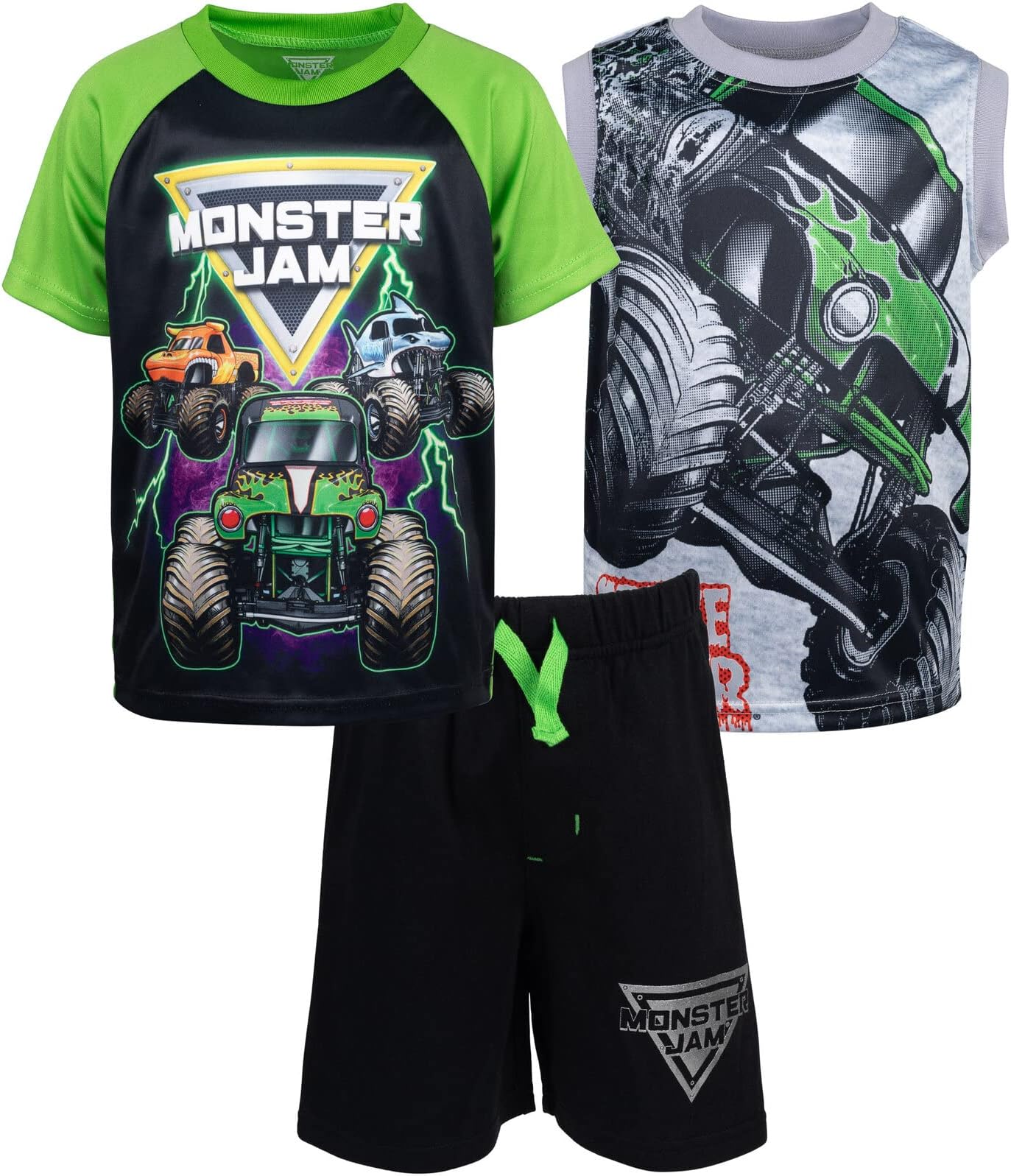 Grave Digger El Toro Loco Megalodon T-Shirt Tank Top and French Terry Shorts 3 Piece Set Toddler to Big Kid