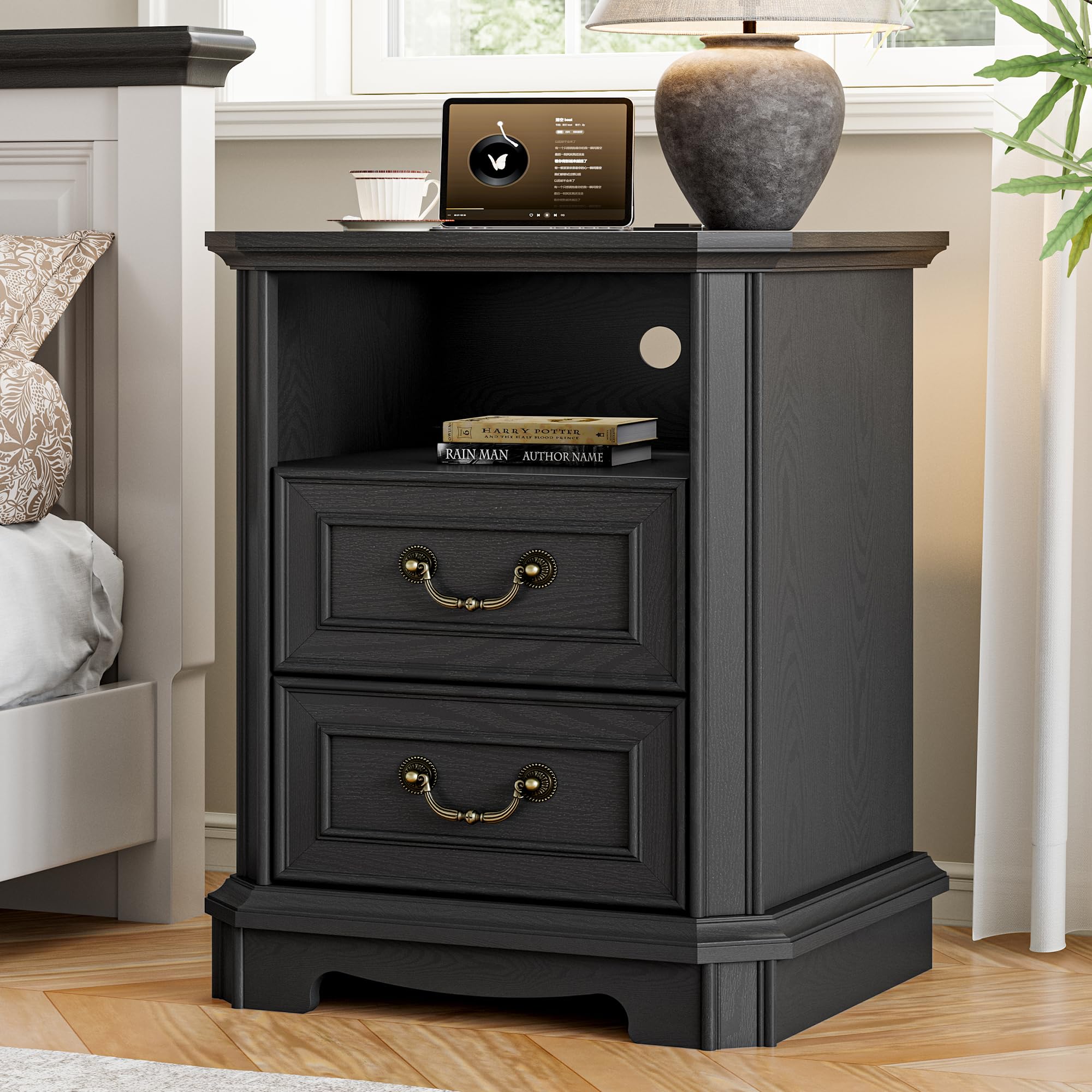 Xixini 18 Farmhouse 2-Drawer Wood Nightstand with Charging Station Black