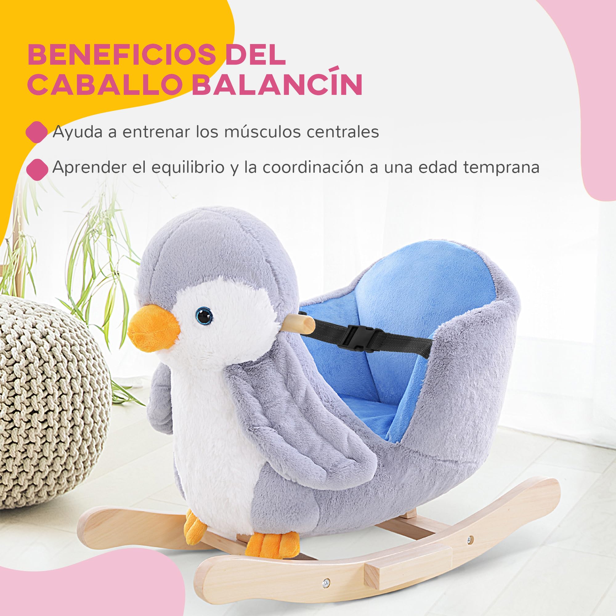 HOMCOM Caballito Balancín para Bebés de +18 Meses Forma de Pingüino Caballito Balancín de Madera con Asas Cinturón de Seguridad y Músicas Carga 40 kg 60x33x50 cm Gris