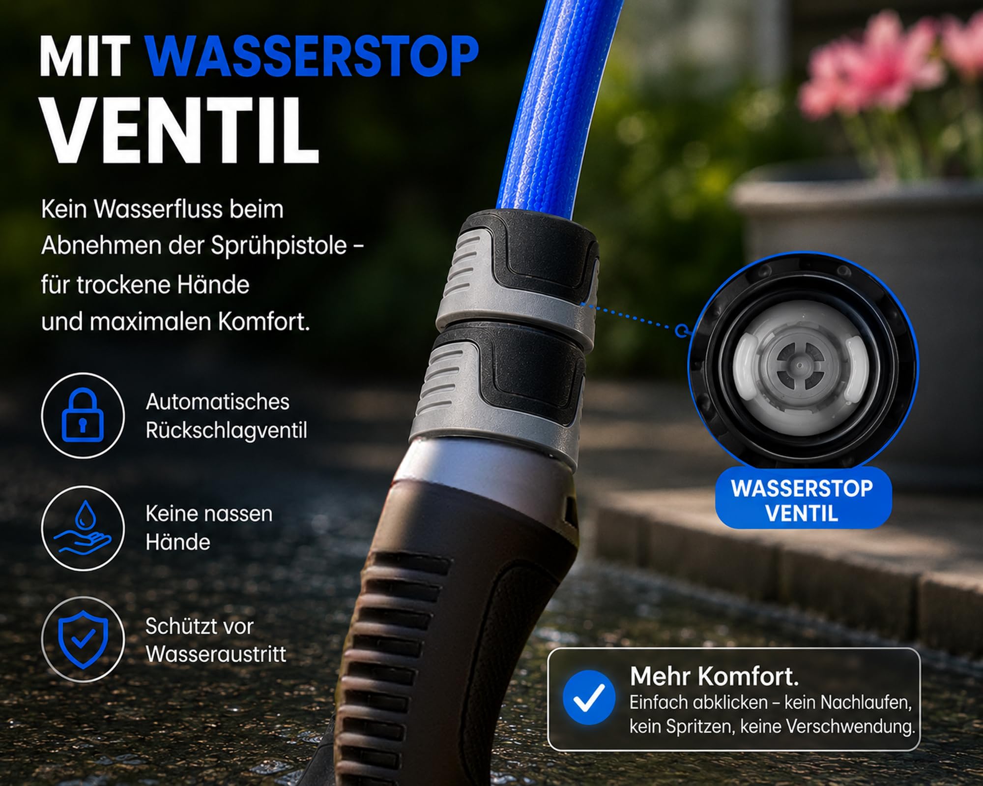 QUICK STAR Schlauchtrommel Zulu 20 m +2m, Automatik Rollup, 180° schwenkbar, 10 Modi Multi Handbrause, Aquablue Qualitätsschlauch, Gartenschlauch Wandhalterung Universalkupplung