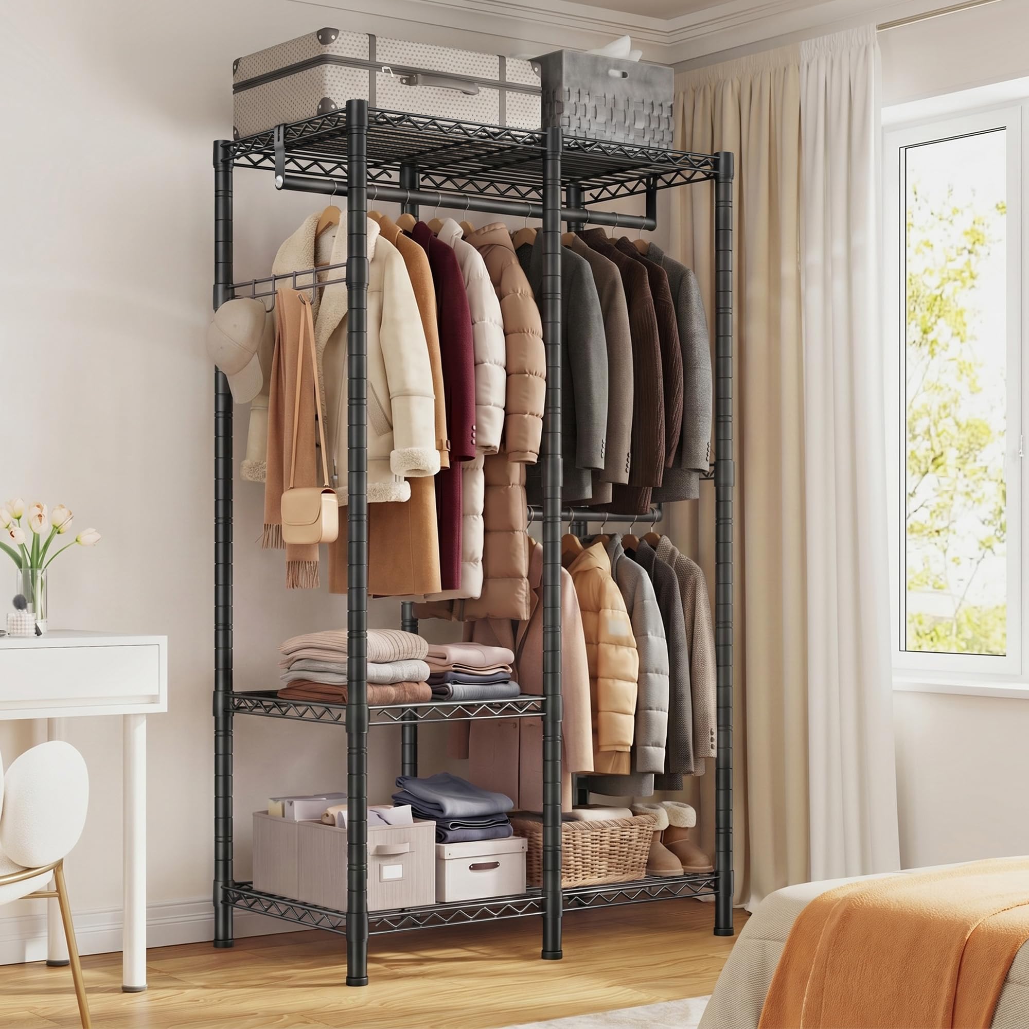 Offener Kleiderschrank mit 3 Regalböden & 4 Haken für Mäntel, Jacken | Höhenverstellbarer Kleiderständer mit 2 Kleiderstangen,200 KG Tragfähigkei,für Schlafzimmer,Eingangsbereich,Schwarz