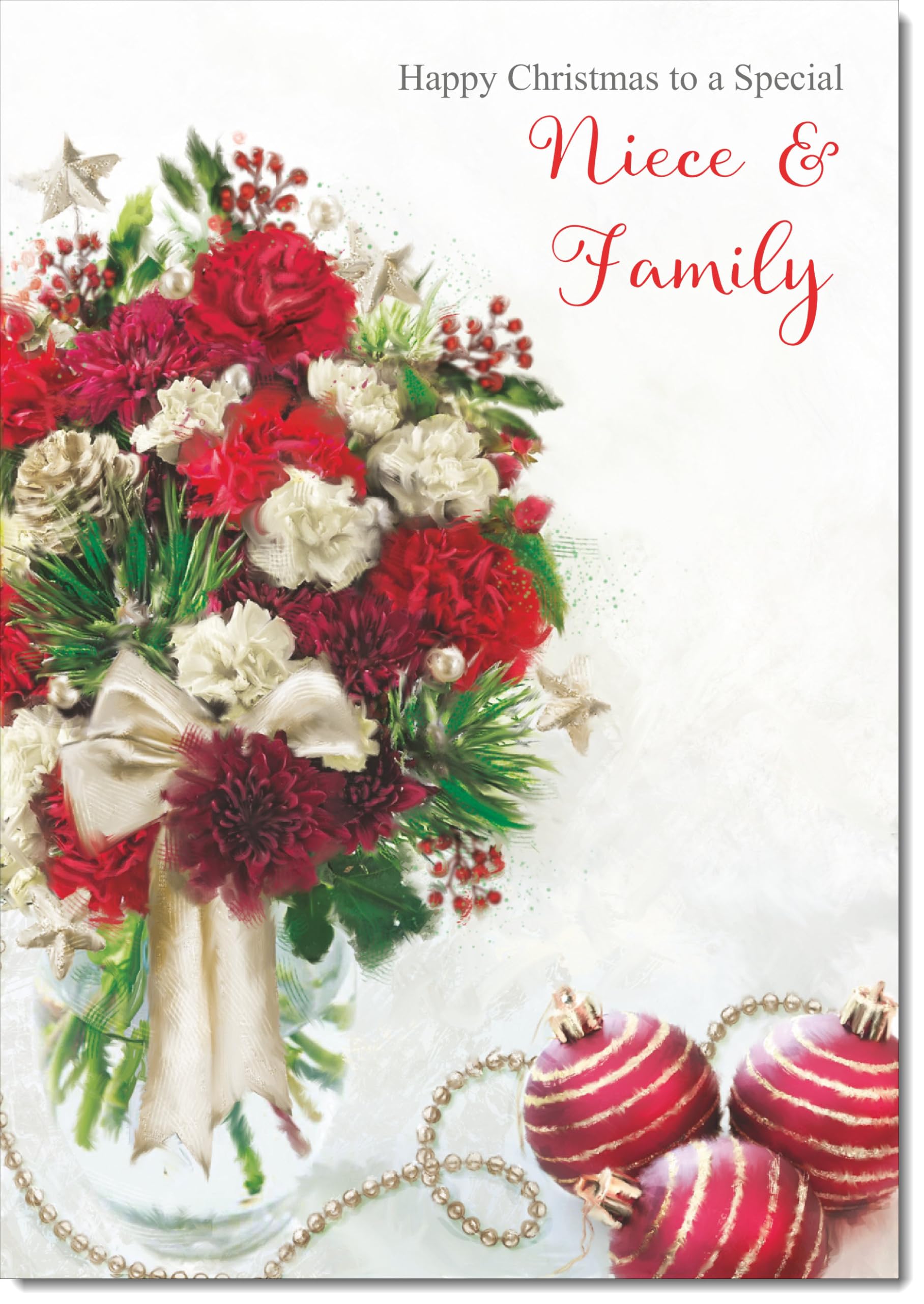 doodlecards Niece and Family Christmas Card Vase of Red Flowers Large A4 Size Christmas Card for Niece & Family with Plain Envelope