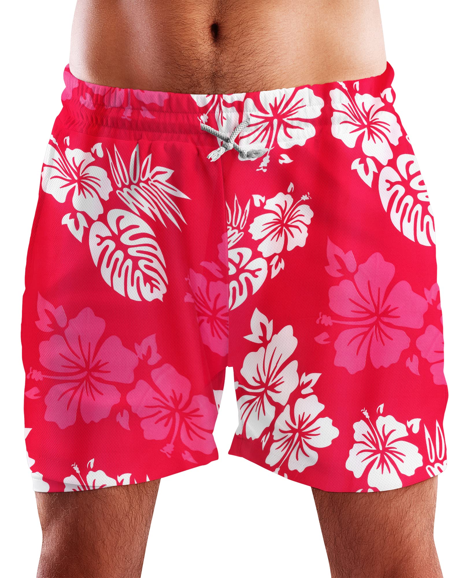 King KamehaFunky Hawaiian Board-Shorts Trunks Swim-Pants Men Mesh-Lining  Draw-String Closure Casual Mono-Hibiscus Design
