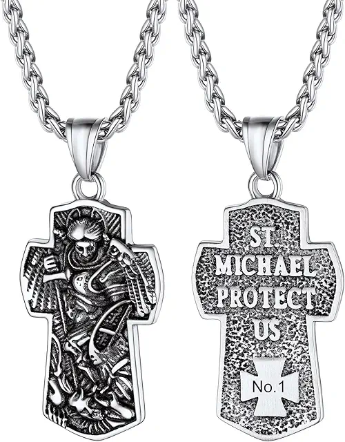 Saint Michael Necklace for Men - Stainless Steel, Engravable, Gold/Black