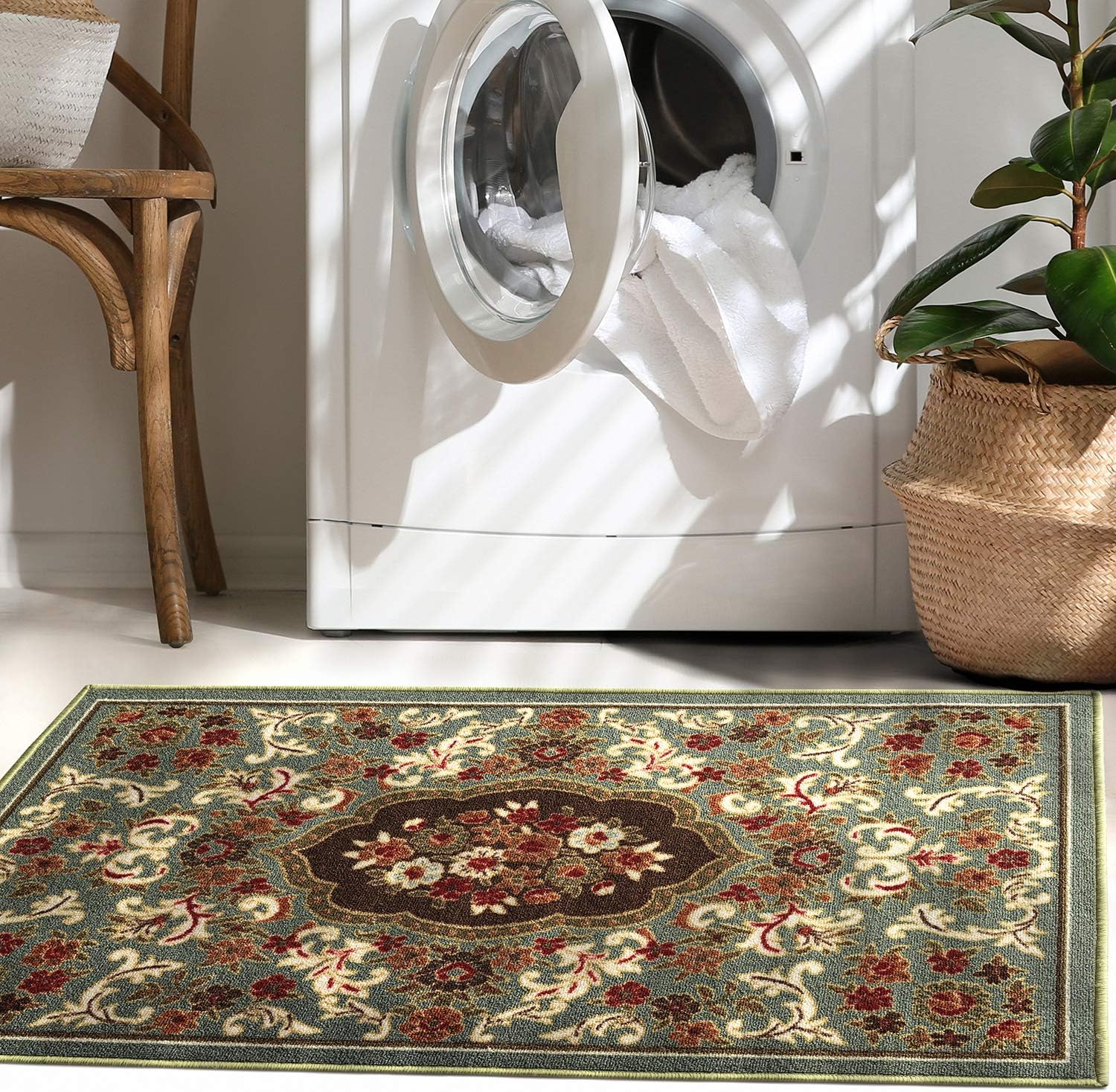Antep Rugs Alfombras Non-Skid (Non-Slip) 2x4 Rubber Backing Modern Floral Low Profile Pile Kitchen Area Rugs (Green, 2'3" x 4')