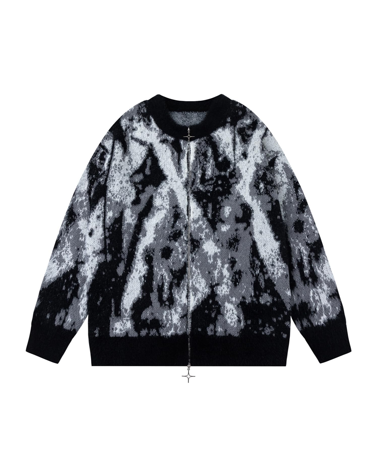 Bakyarder Unisex Abstract Pattern Zip Up Cardigan Soft Fuzzy Knit Long Sleeve Sweater Jacket Cozy Retro Oversized Knitwear