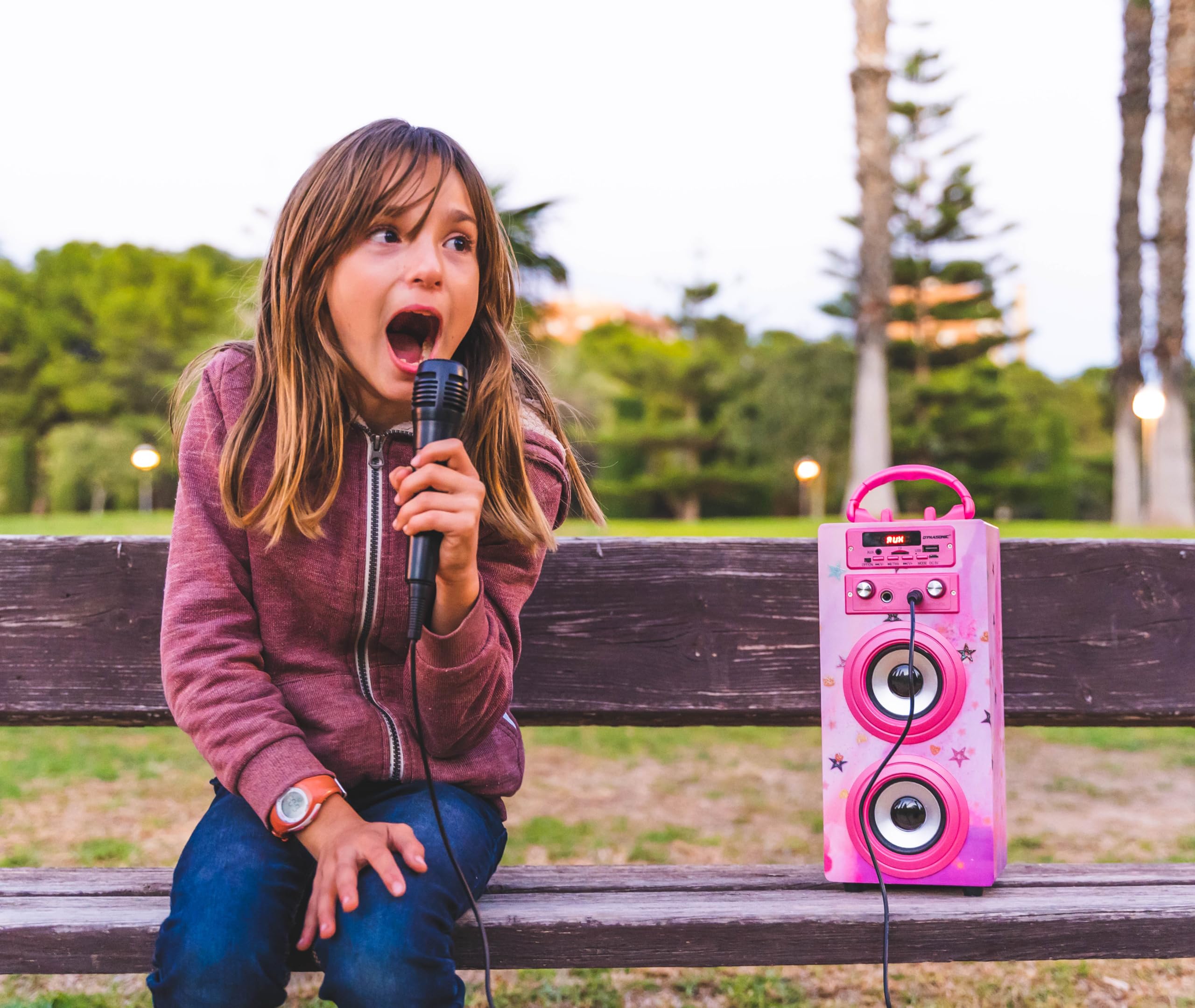 DYNASONIC Przenośna maszyna do karaoke, 2 mikrofony, głośnik Bluetooth, światła, czytnik USB i SD, prezent dla dzieci w wieku 5-13 lat (025-15 LIGHTS)