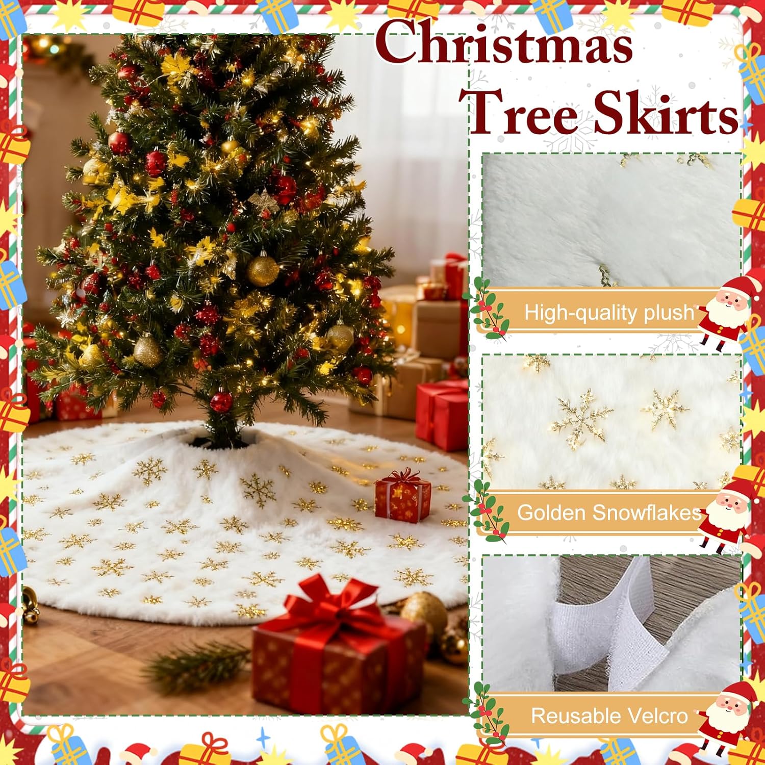 48 Inches Christmas Tree Skirts,White Christmas Decor,with Gold Sequin Snowflakes Soft Plush Tree Skirt,Faux Fur Tree Skirt for 7ft Xmas Tree Decor Xmas New Year Home Party Decorations (48 Inches)