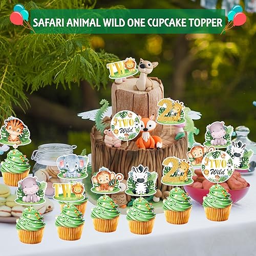 Miniatura 7 de 48 adornos para cupcakes salvajes, dos decoraciones de cumpleaños salvajes para niños, decoración de tartas de animales de la selva, decoraciones de