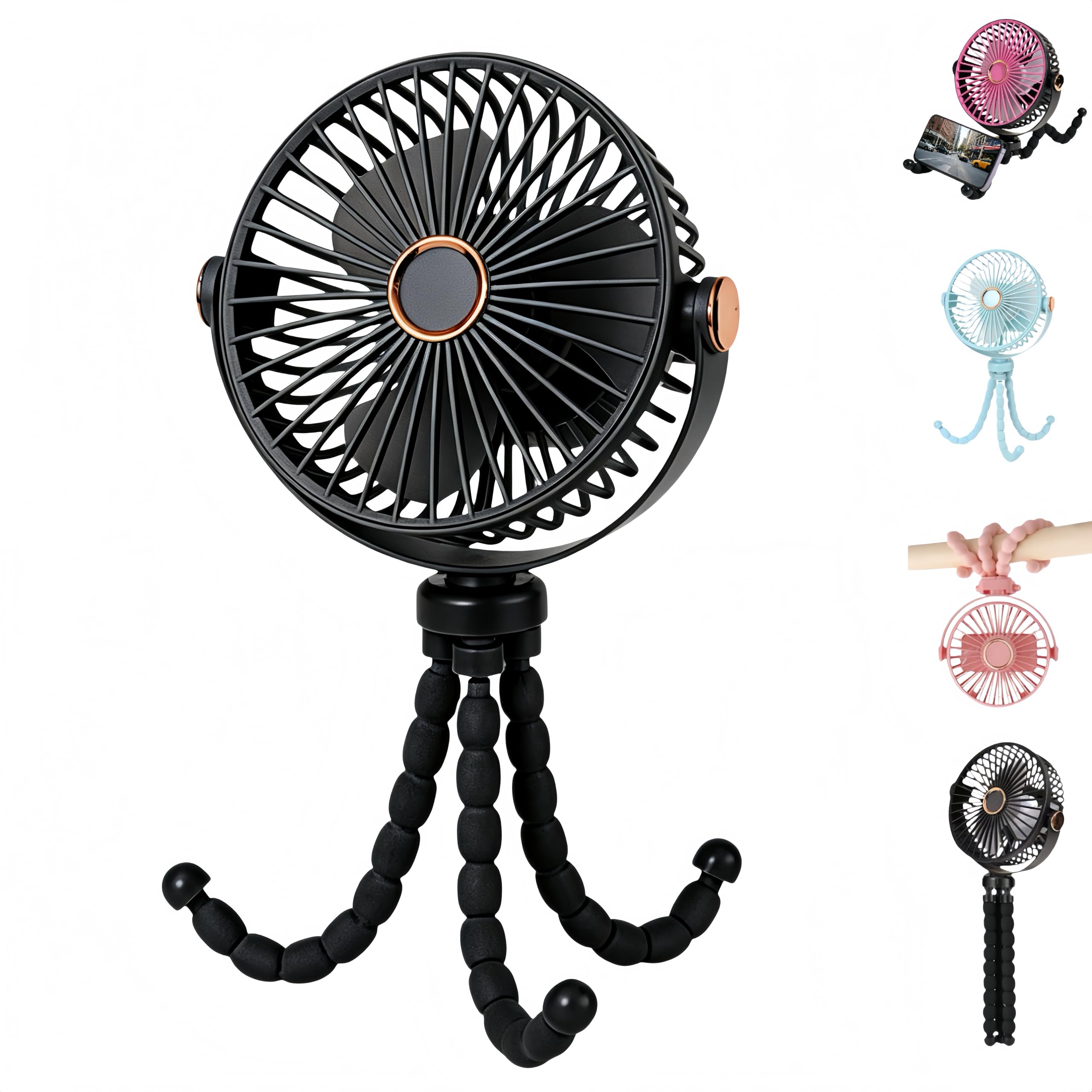 Ventilateur USB portable multi-scène, ventilateur flexible avec ventouse et fonction de suspension, 3 vitesses et rotation à 360° pour poussette, table, mur, voiture (noir)