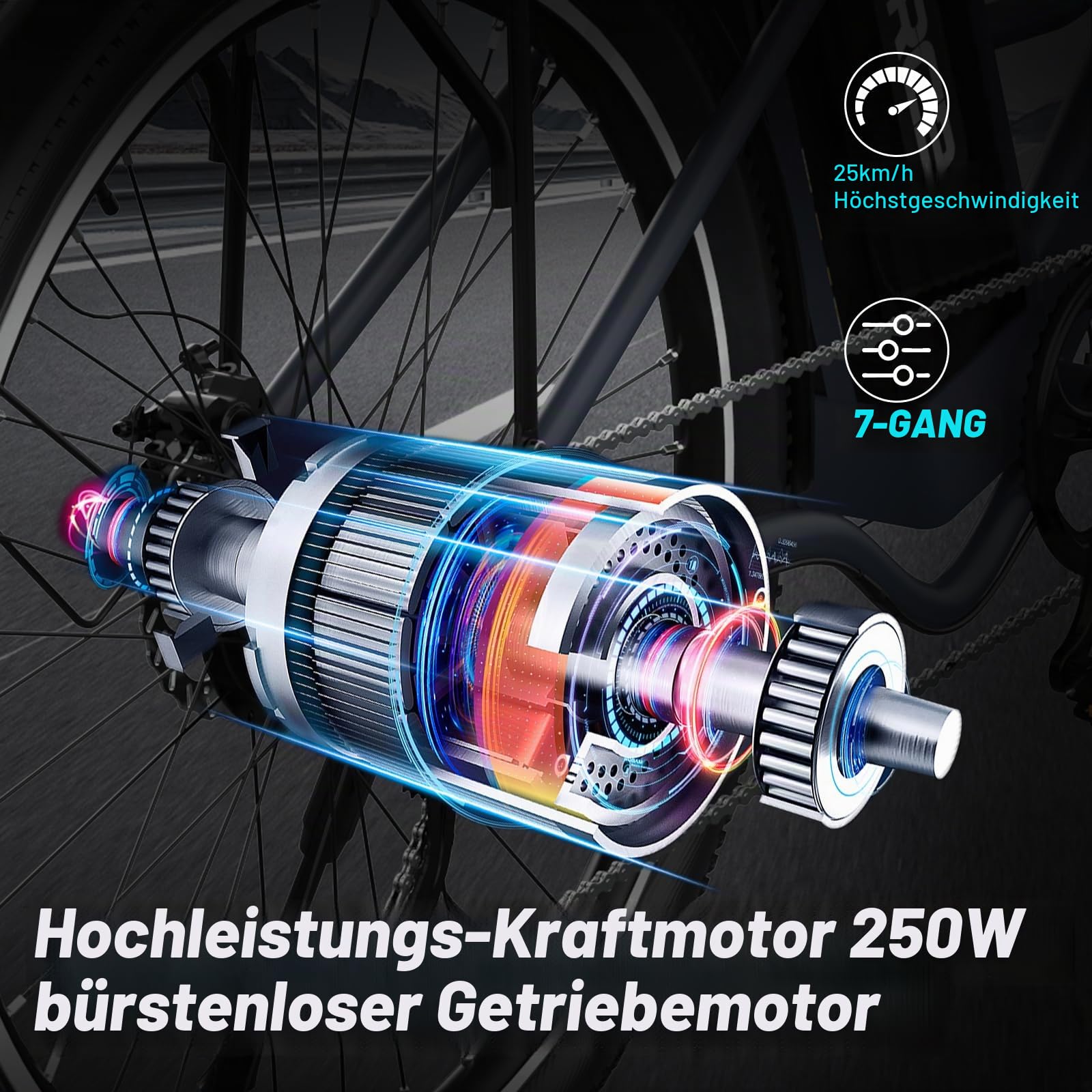 RCB 26" E Bike, 250W Motor, 7 Gang, Reichweite 35-50 km, City Ebike,Doppelscheibenbremsen, Elektro-Mountainbike mit Wasserdichter Fahrradtasche