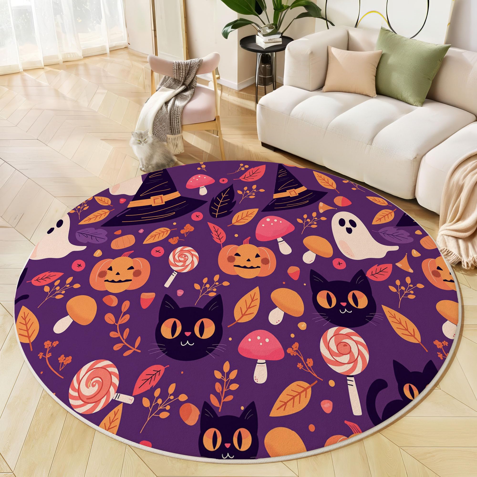 Tapis salon rond violet foncé 160 cm lavable et antidérapant pour chambre de fille ou garçon