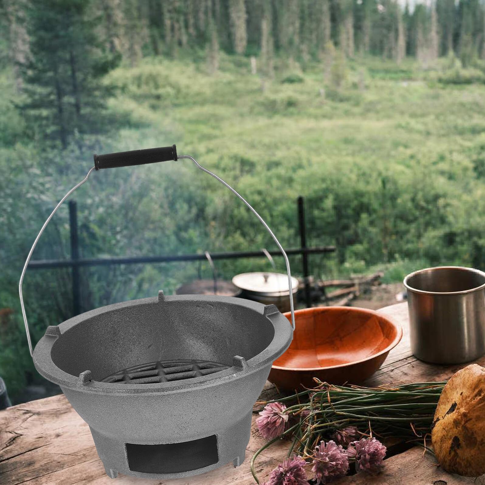 Lar żeliwny grill Chal z uchwytem i rusztem, przenośna wielofunkcyjna kuchenka do grillowania do wewnątrz i na zewnątrz, idealna do grillowania i kempingu