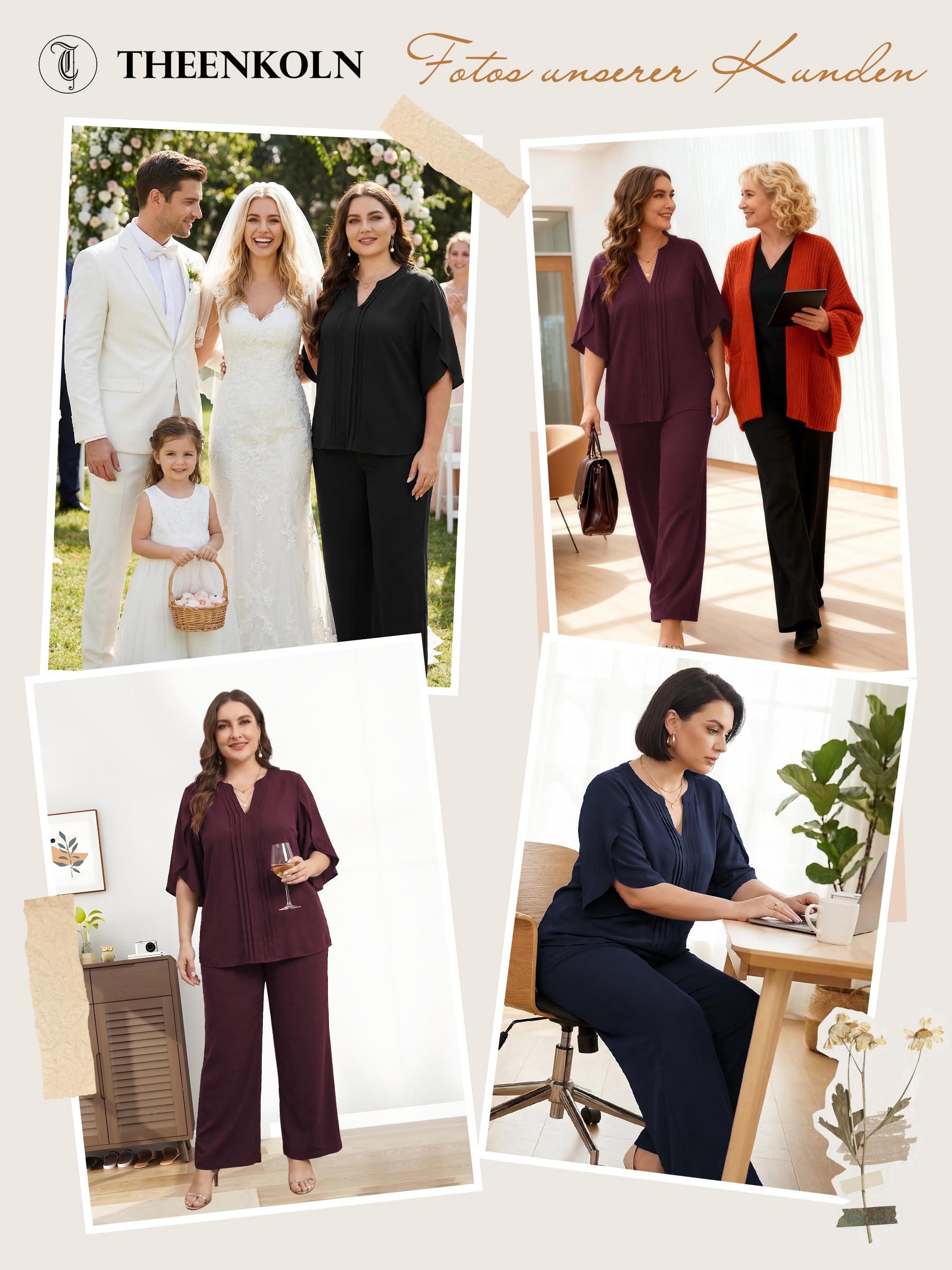 Theenkoln Damen Großgrößen Chiffon Set 2-teilig Elegantes Outfit V-Ausschnitt Top Fledermausarm Hoher Taille Hose