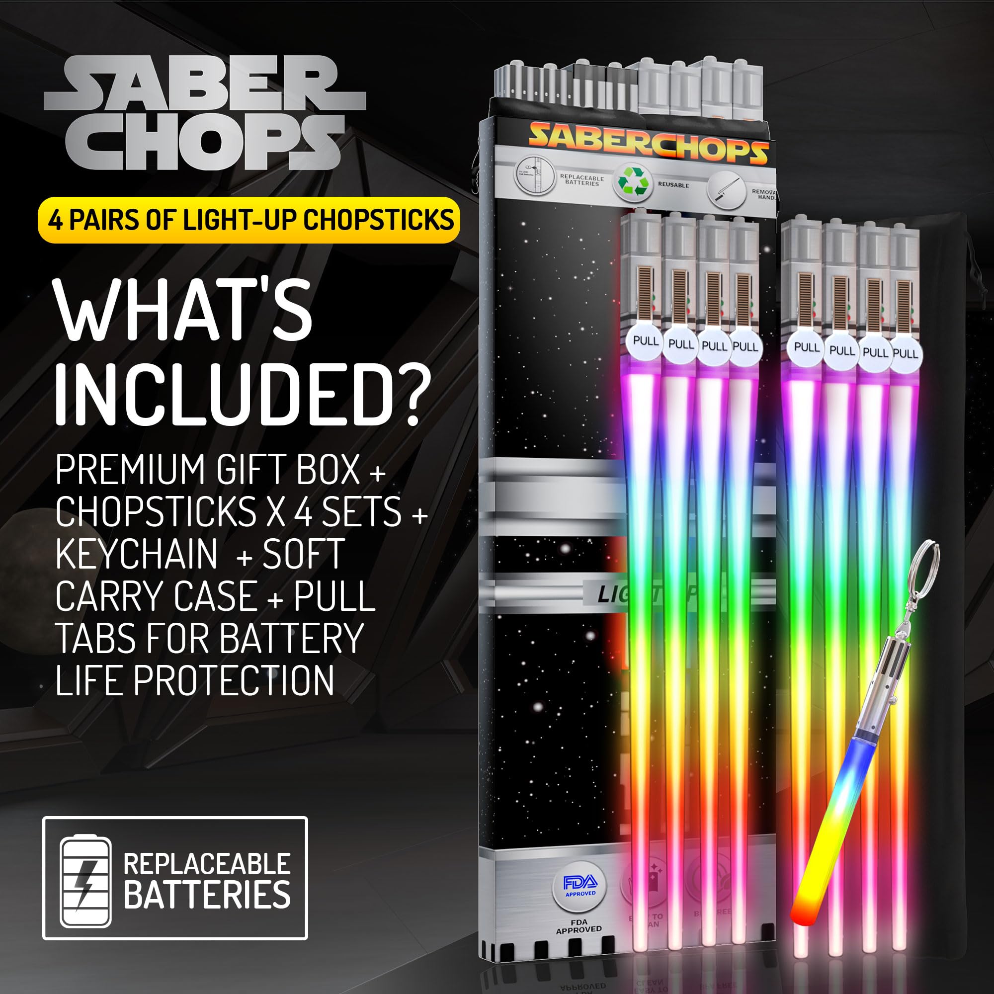LIGHTSABER CHOPSTICKS LIGHT UP STAR WARS CHOPSTICK LED Glowing Light Saber Chop Sticks REUSABLE Sushi Sabers Cool Fun Geeky STARWARS Chop Stick Set 4 PAIRS | FREE Keychain Soft Carry Pouch | Gift Box