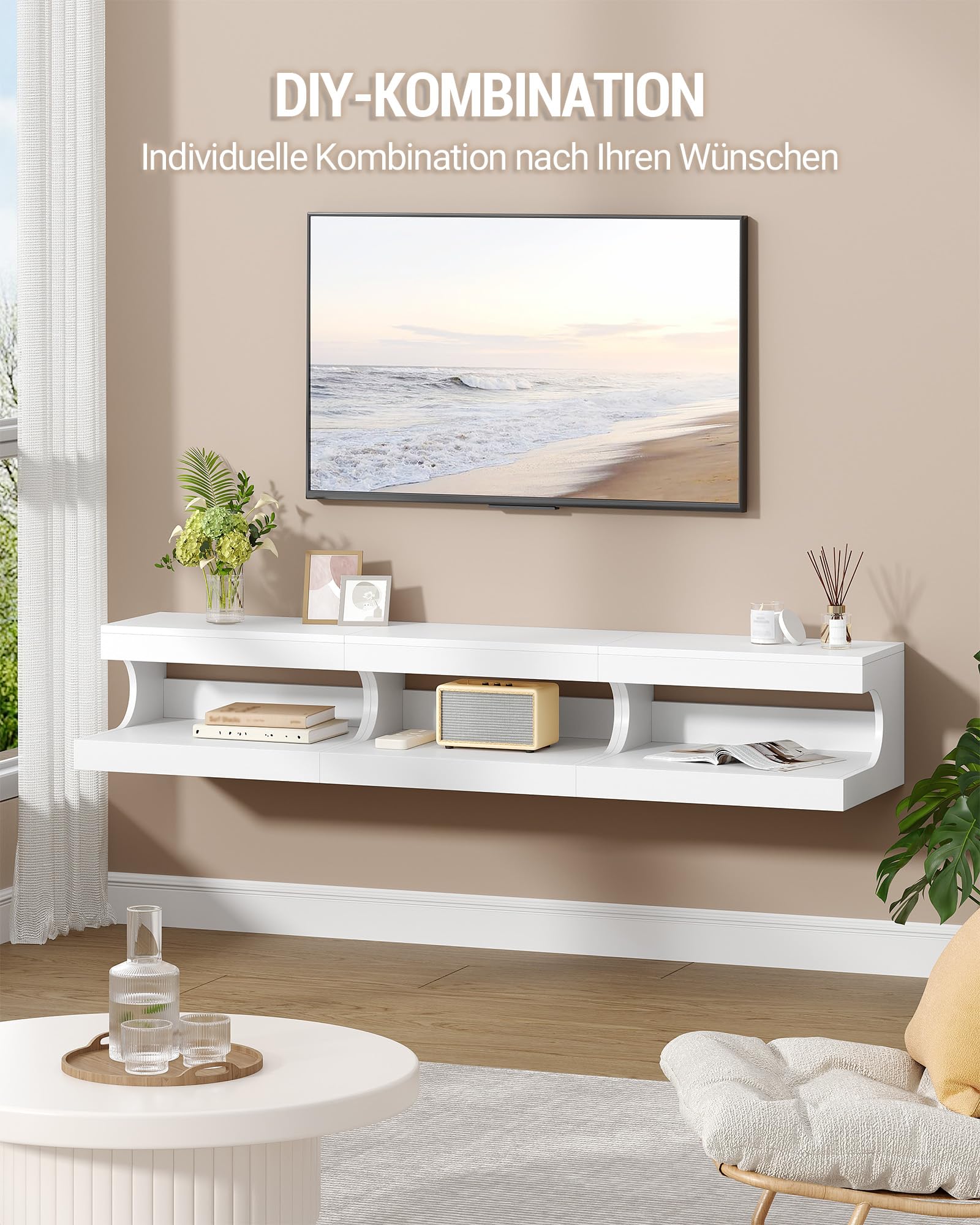 Hzuaneri Nachttisch Hängend 2er Set, Wandmontierter Regal-Nachttisch mit Schiebe-Tablett, Nachtkästchen Schwebend Wandregal mit Offener Raum, für Schlafzimmer, Wohnzimmer 30 x 40 x 20 cm Weiß NS51203X
