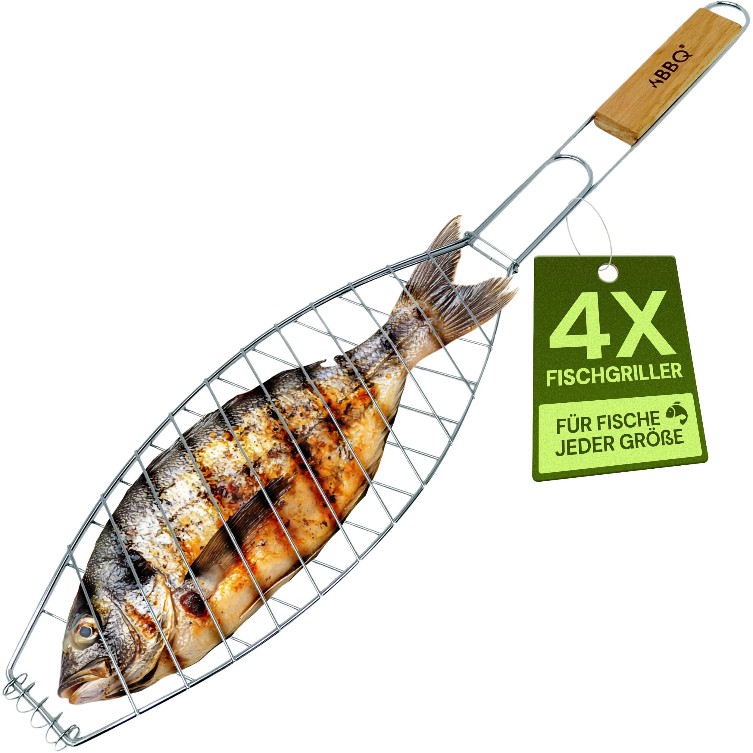 ToCi 4X Fischgriller (Silber) mit Holzgriff – Große Fischbräter Gemüsekorb aus Metall (58 x 13 x 3 cm)