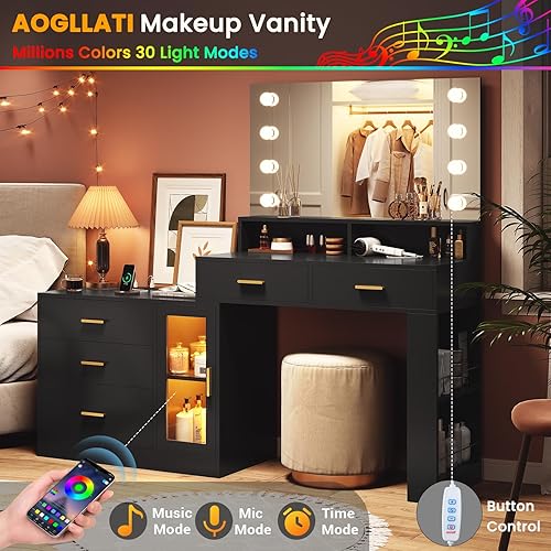 Miniatura 3 de AOGLLATI Escritorio de maquillaje con espejo, luces y estación de carga, mesa de tocador negra con 3 cajones LED, escritorio de maquillaje con 3