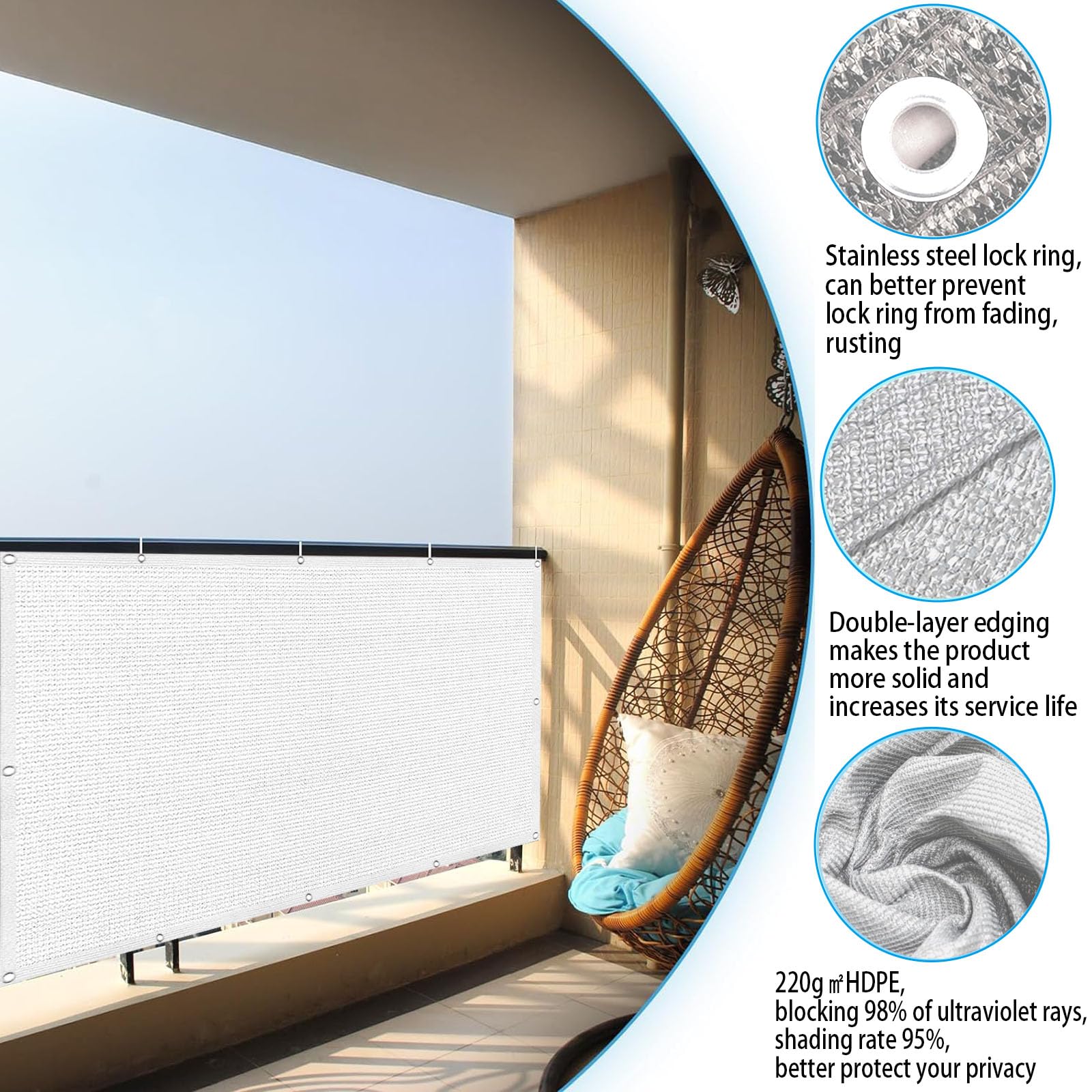 Ekran Prywatności Na Balkon 140 x 430 cm Ochrona Przed Promieniowaniem UV Odporna Na Warunki Atmosferyczne Ekran Ogrodzenia Na Balkon I Patio Do Balkonu I Patio, Biały