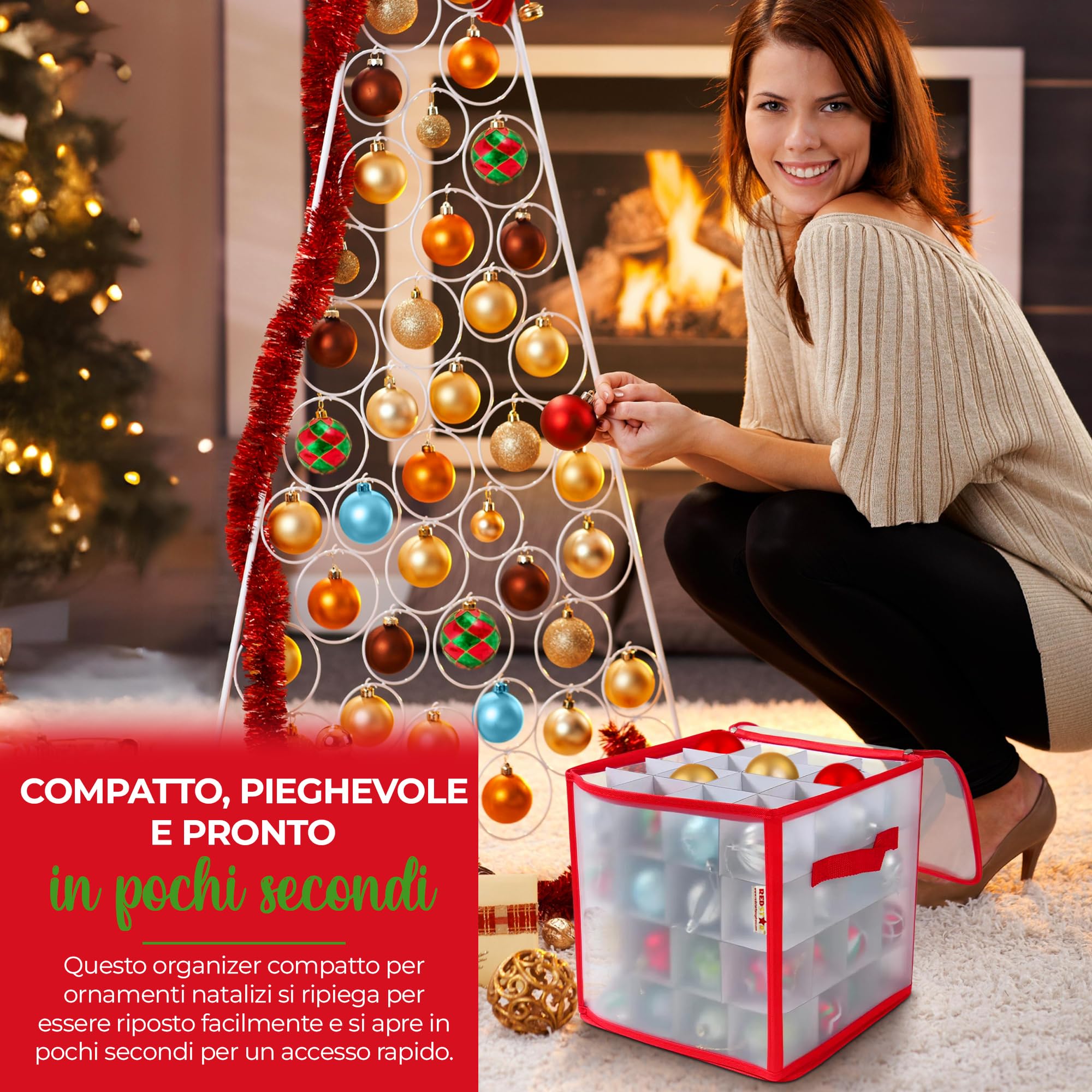 REDSTAR Box porta 64 ornamenti festivi – Contenitore con divisori per sfere natalizie – Organizer per decorazioni dell’albero – Custodia per addobbi di Natale – Scatola rigida per elementi decorativi