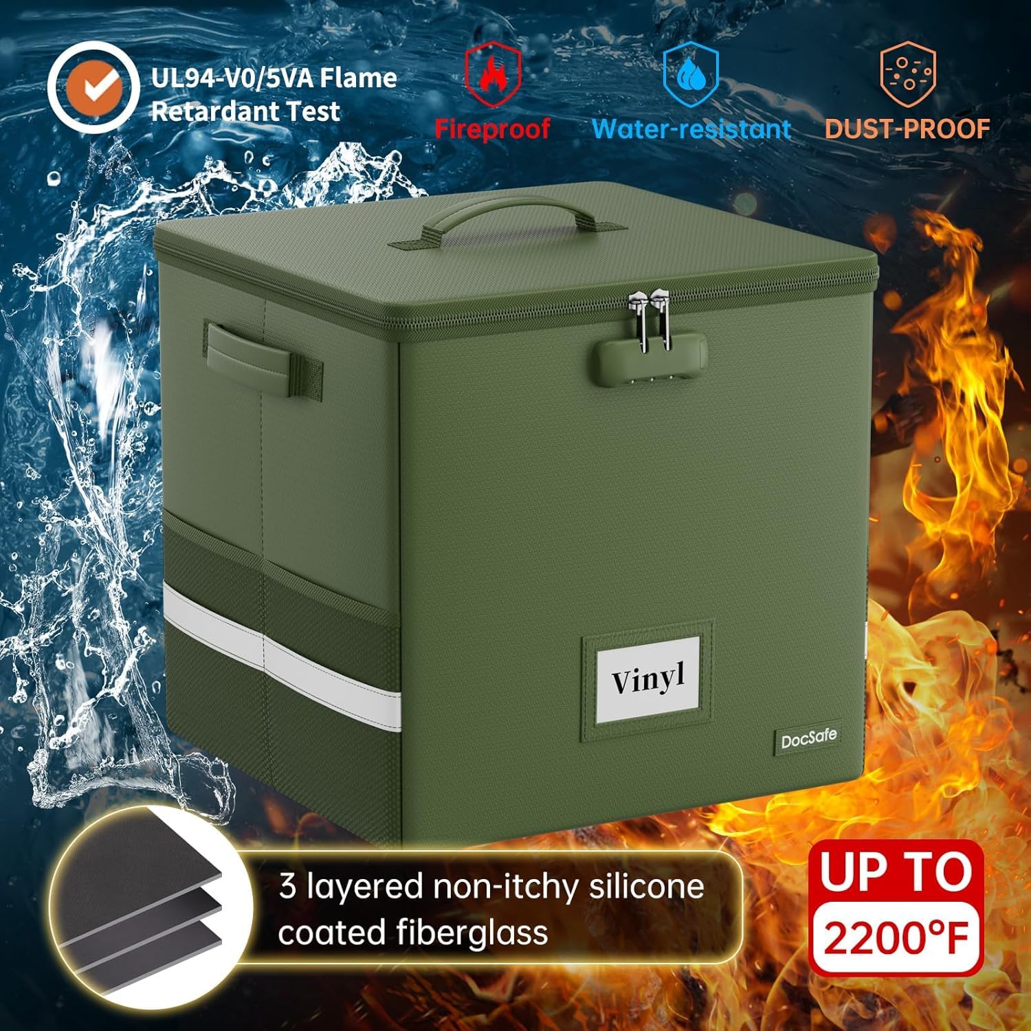 DocSafe Contenitore per dischi in vinile con serratura, ignifugo e impermeabile, per dischi da 30,5 cm, Verde, 33x33x33cm, Classico