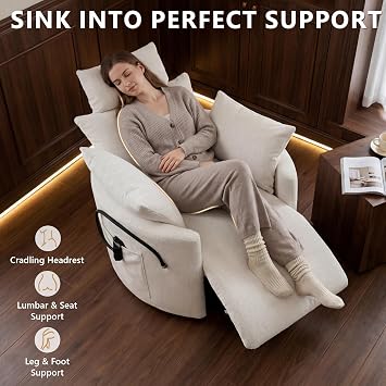 DEKKETO Manual Nursing Rocking Recliner Chair with Footrest, Chenille White | Footrest, Adjustable Headrest, Silent 300° Swivel, 30° Rocking Motion, Phone Holder, 2 Side Pockets, 2 Cushions, Oversized