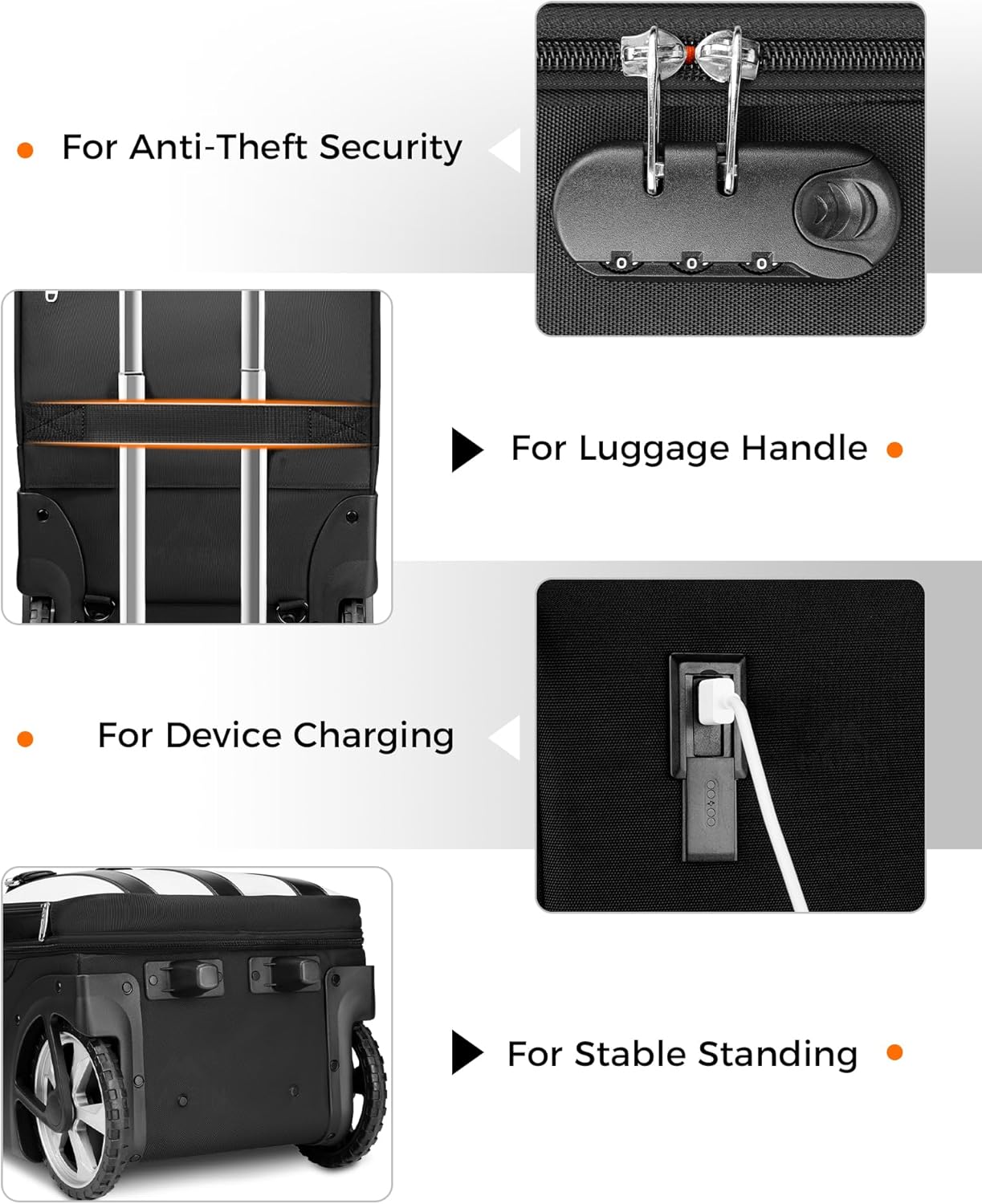 MATEIN 2 In 1 Rolling Backpack for Women with Shoulder Strap, Flight Approved Luggage Travel Backpack with Large Wheels, Anti Theft Big 17 inch Roller Suitcase Laptop Bag with USB Port, Black White - Image 7