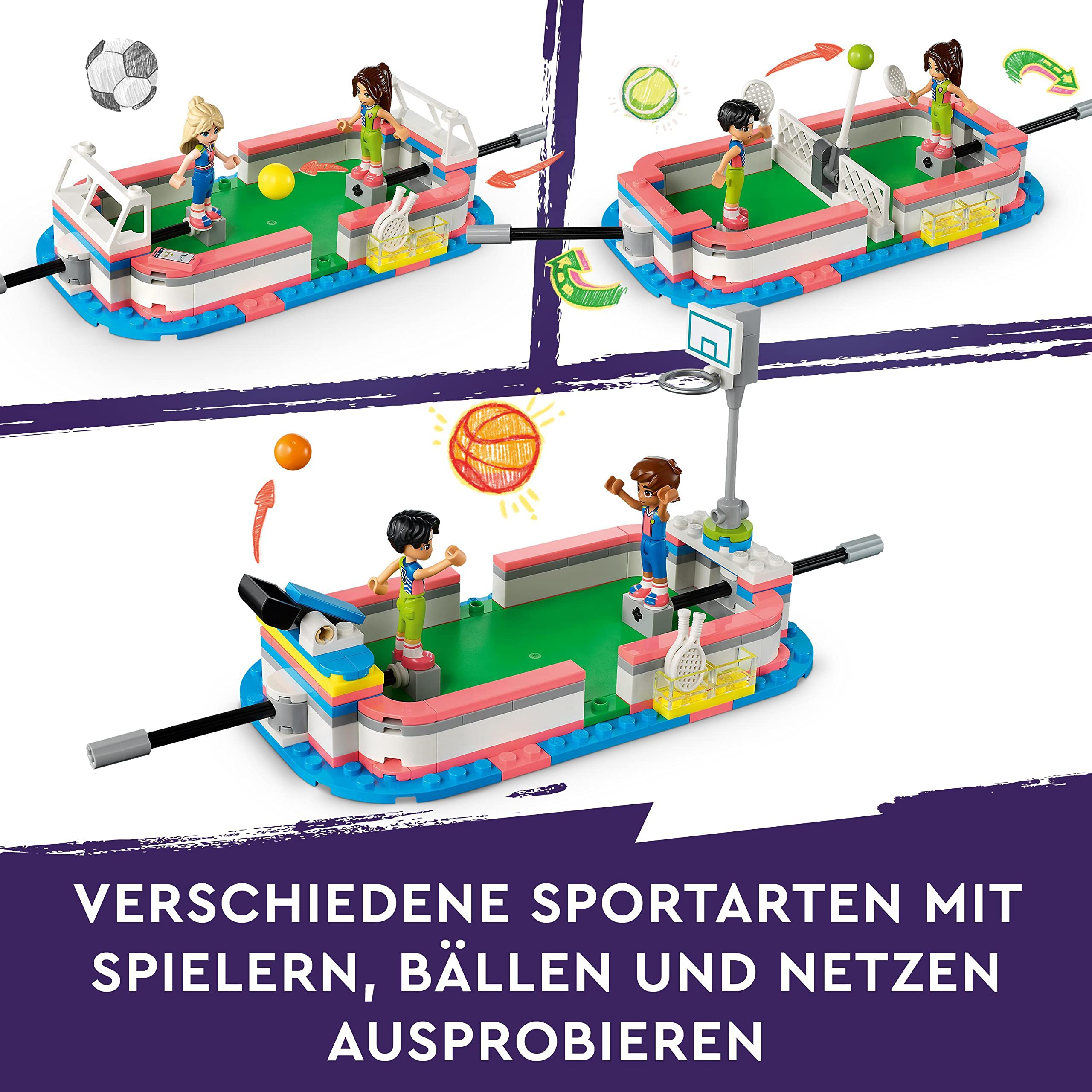 LEGO Friends Sportzentrum BAU-Spielzeug mit Fußball-, Basketball- und Tennis-Spielen sowie Kletterwand und 4 Mini-Puppen, Heartlake City Geschenk für Kinder ab 8 Jahren 41744