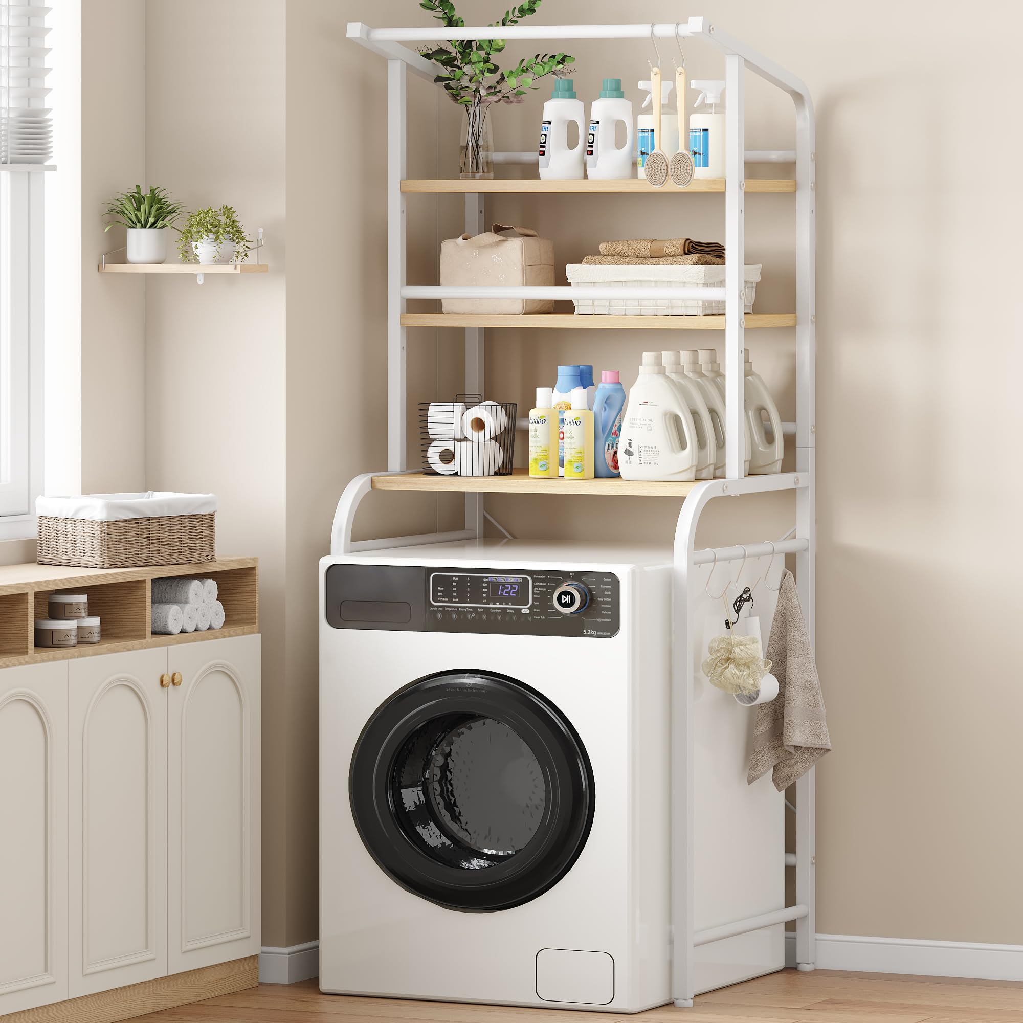 Feonase Over Washing Machine Shelf, 3-Tier Adjustable Shelves with Towels Hangers, Over Toilet Storage Unit, 67 x 46 x 168cm, White
