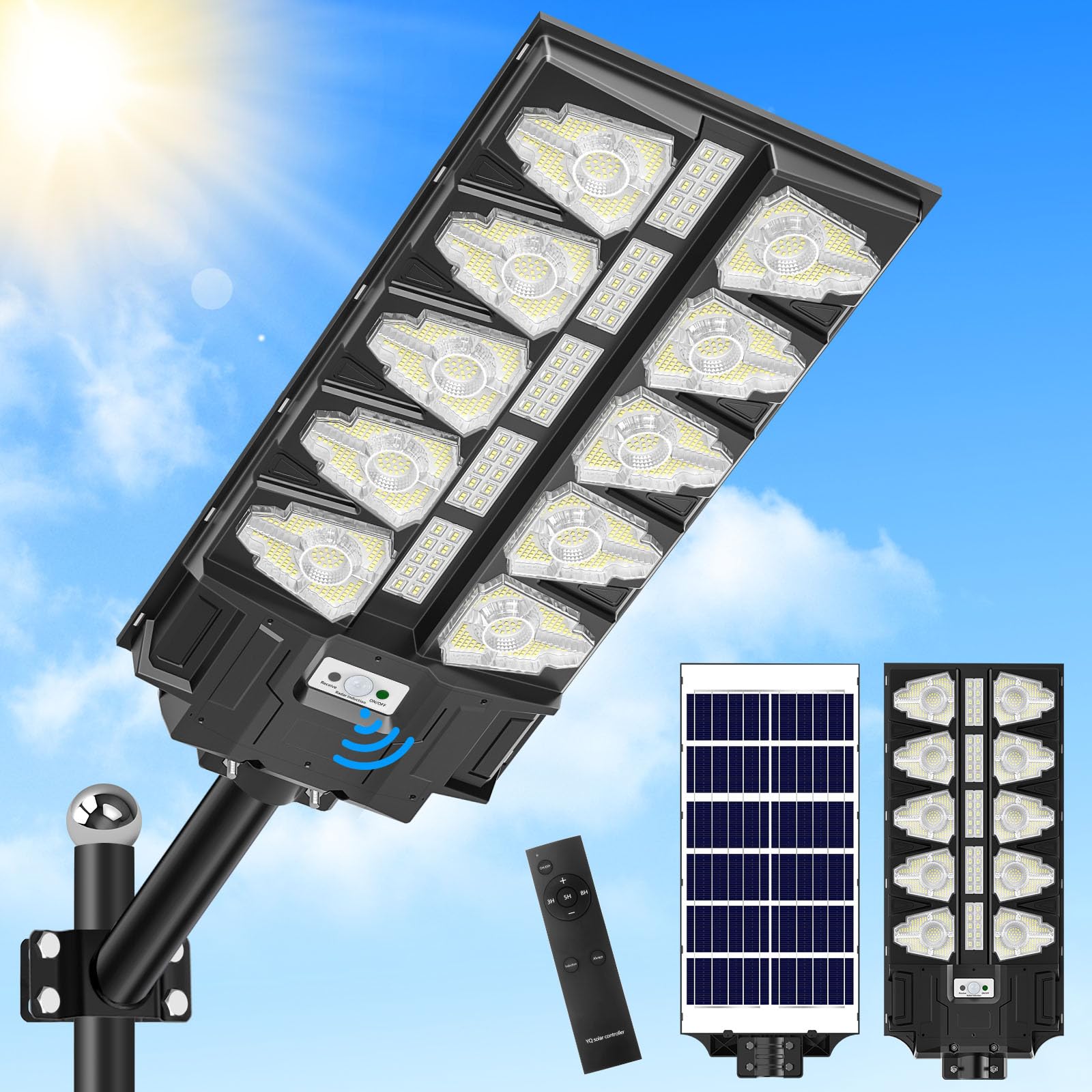 Sararoom LED Solar Straßenlaterne für Außen, 2000W Solarlampen mit Bewegungsmelder Sensor, 6500K Wegeleuchte mit Fernbedienung, IP65 Wasserdichte Solarleuchten Strahler für Gärten Garage Parkplatz Hof