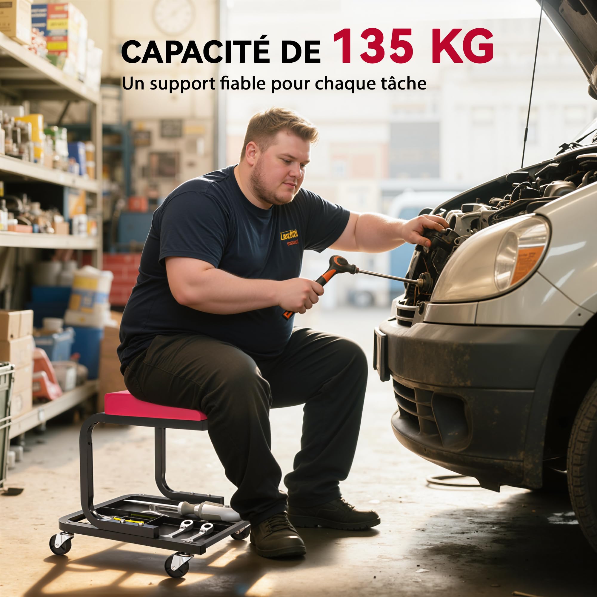 HOMCOM Tabouret de Mécanicien Tabouret d'Atelier Mobile Plateau à Outils | Charge 135 kg, Siège d'Atelier avec Roulettes Lisses Pivotant à 360°, pour Entretien, Réparation Automobile, Garage