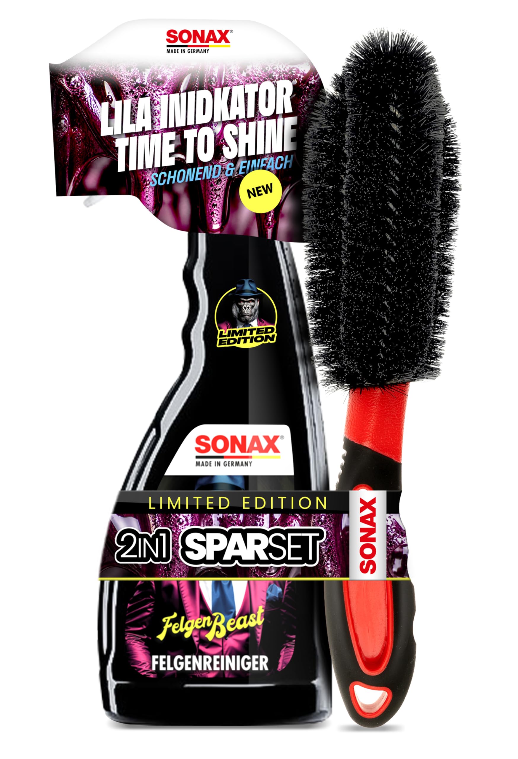 Sonax Felgenbeast - Set di pulizia per cerchioni in alluminio, edizione speciale da 500 ml + spazzola per cerchioni in alluminio, con spazzola per una cura efficiente dei cerchioni dell'auto