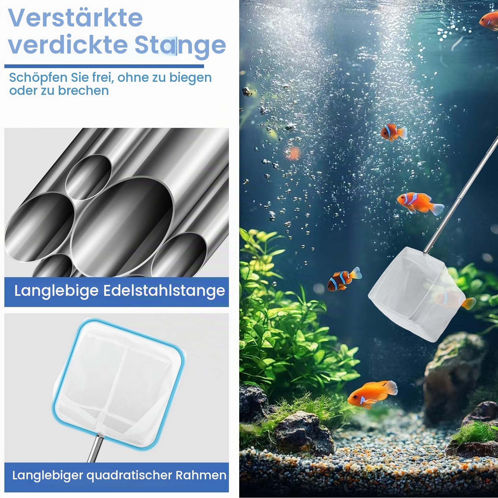 Kescher Aquarium, 2 Stück Aquarium Kescher mit Ausziehbarem Edelstahlgriff Langem Griff Ausziehbar bis zu 40 cm, 8CM Mini Aquarium Netz quadratische Maschen für Aquarien & kleine Teiche