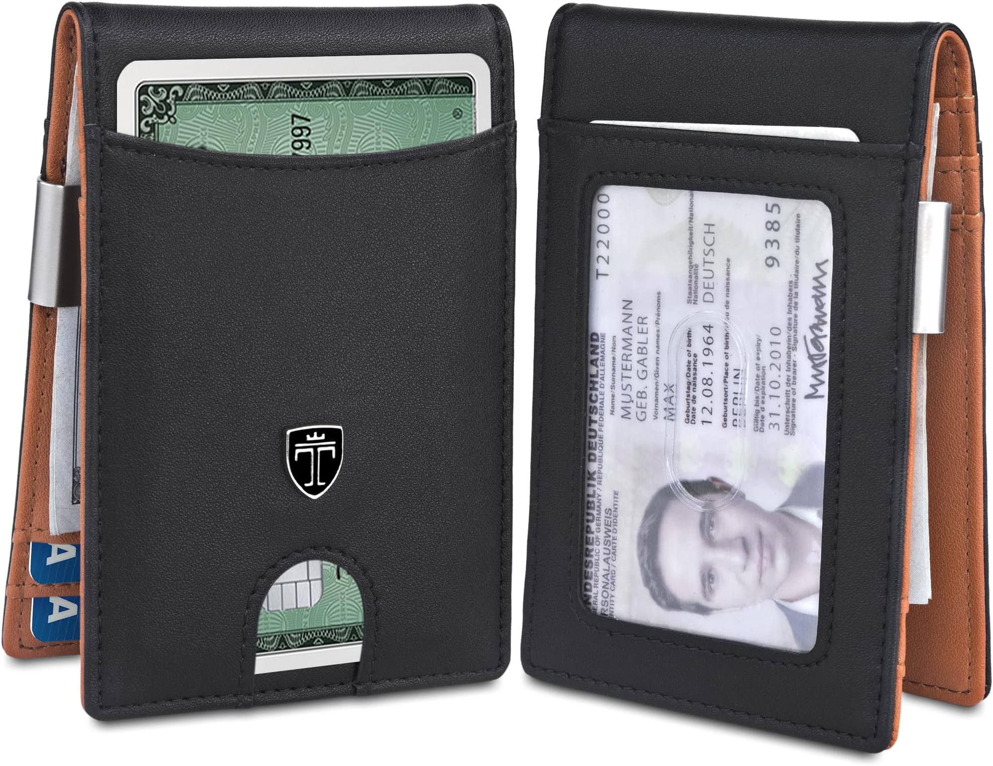 TRAVANDO Money Clip Wallet Atlanta Mens Front Pocket Slim RFID Blocking - Credit Card Holder - Mini Bifold, Black & Orange, Money Clip Wallet