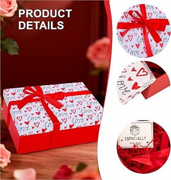 Red Heart Valentines Gift Box with Lid 25x18x9cm Medium/Large Thick Luxury Empty Gift Boxes for Presents, Birthday Wedding Bridal Valentines Day Gift Box for Girls Her Women with Card Ribbon