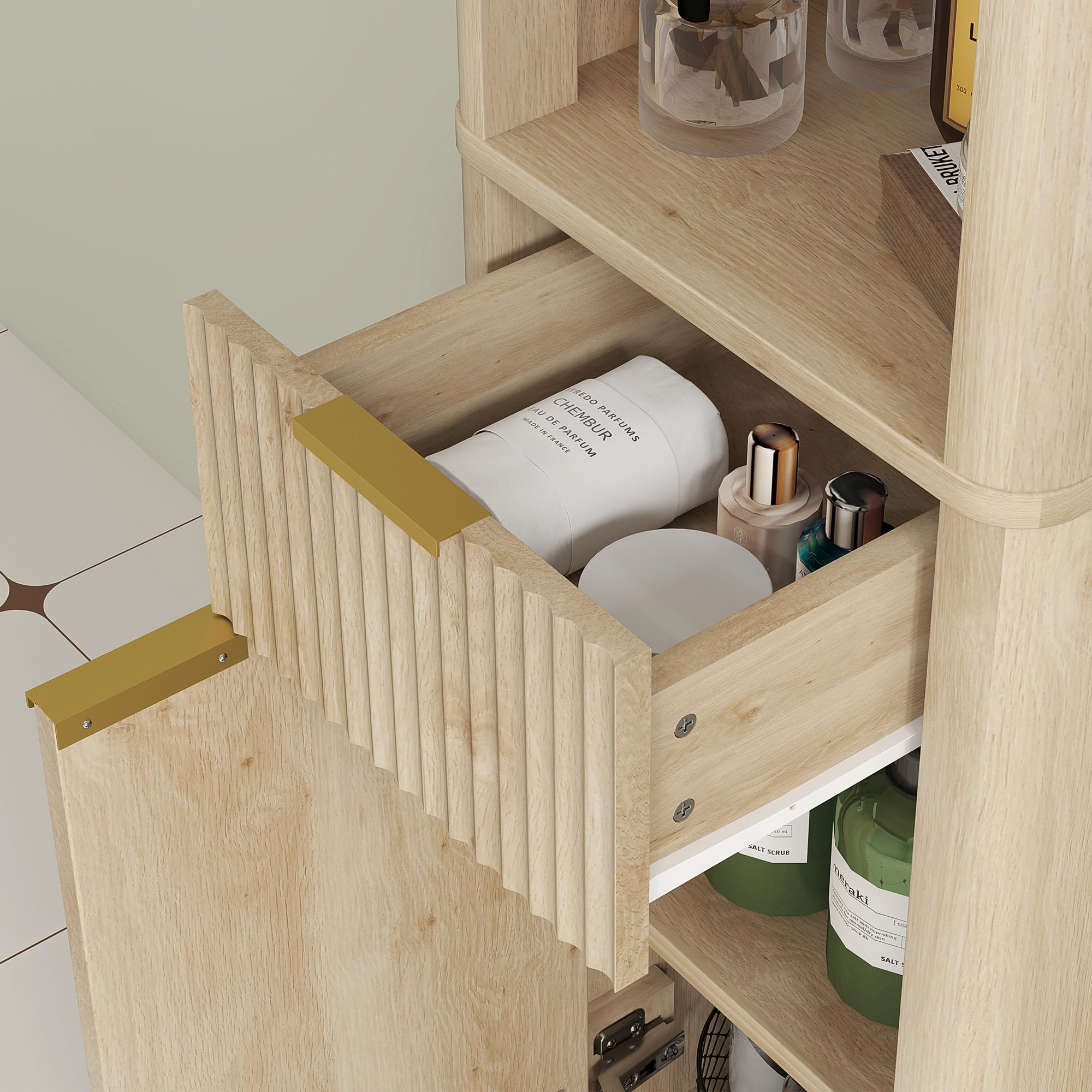HOMCOM Mueble de Baño Estrecho Puerta de Acanalado 33x30x170 cm Natural | Columna de Baño, Cajón, 3 Compartimentos Abiertos, Estantes Ajustables