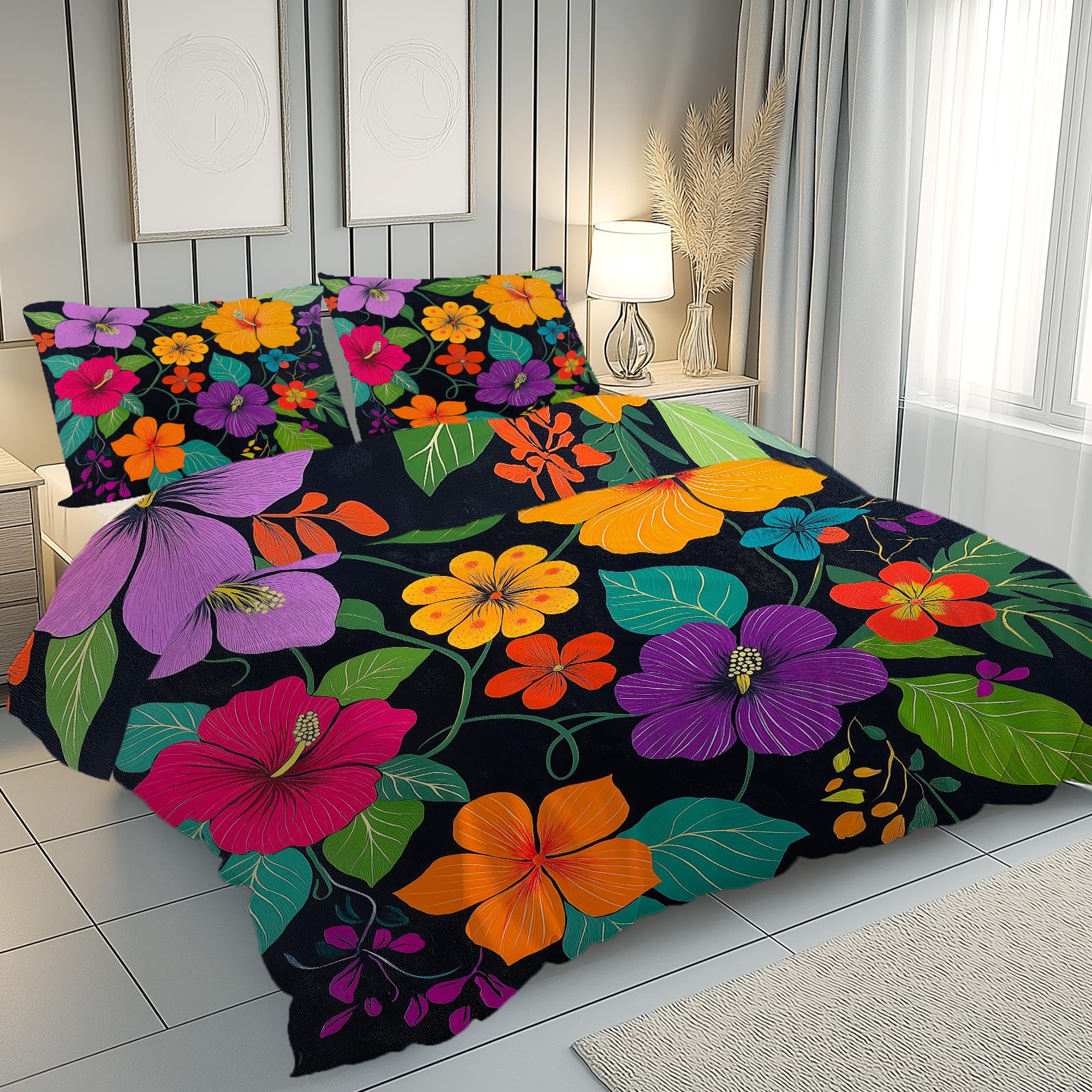 Parure de lit 240x260 cm plantes tropicales pour une chambre parentale exotique et vintage