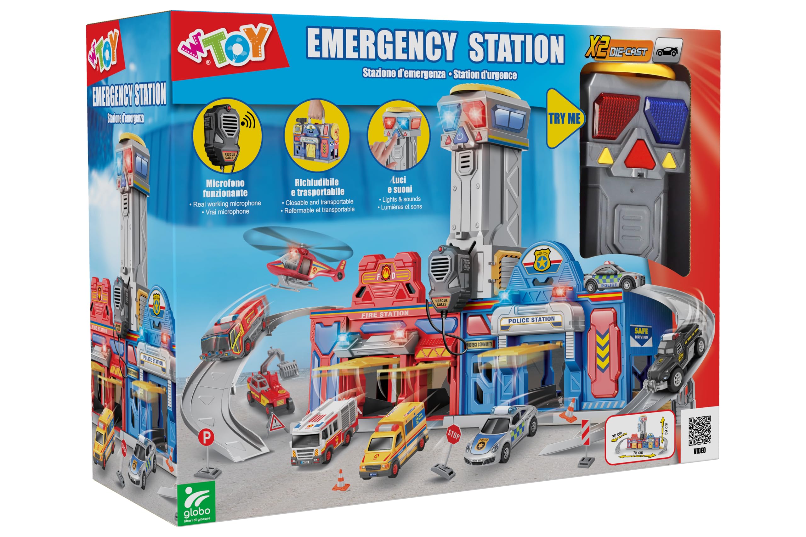 Gran estación de emergencia con sonidos y luces - Bomberos y policía - Sonidos y luces - Megáfono - 2 modelos de coche die-cast incluidos - Dimensiones 75 x 39 x 30 cm - Globo Juguetes - WToy 42189